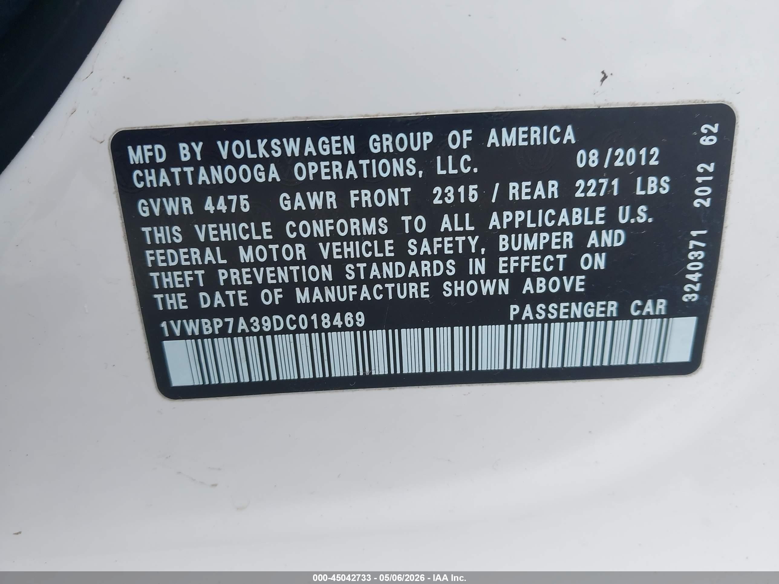 2013 Volkswagen Passat 2.5l Se White vin: 1VWBP7A39DC018469