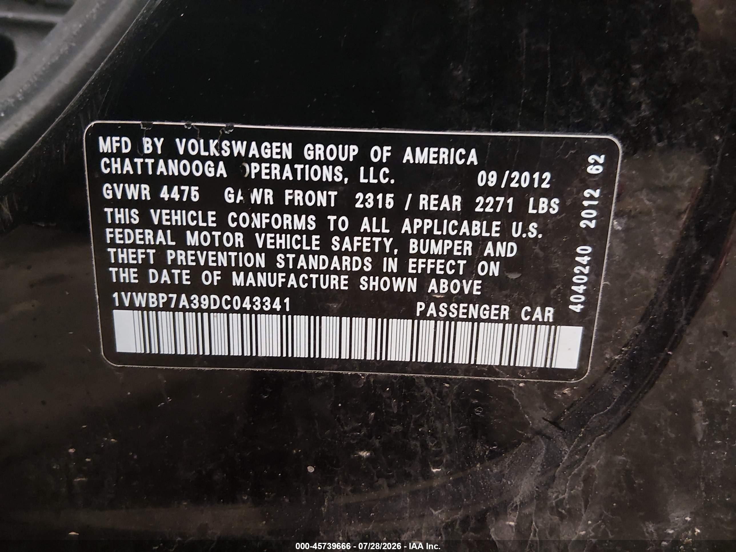 2013 Volkswagen Passat 2.5l Se Black vin: 1VWBP7A39DC043341