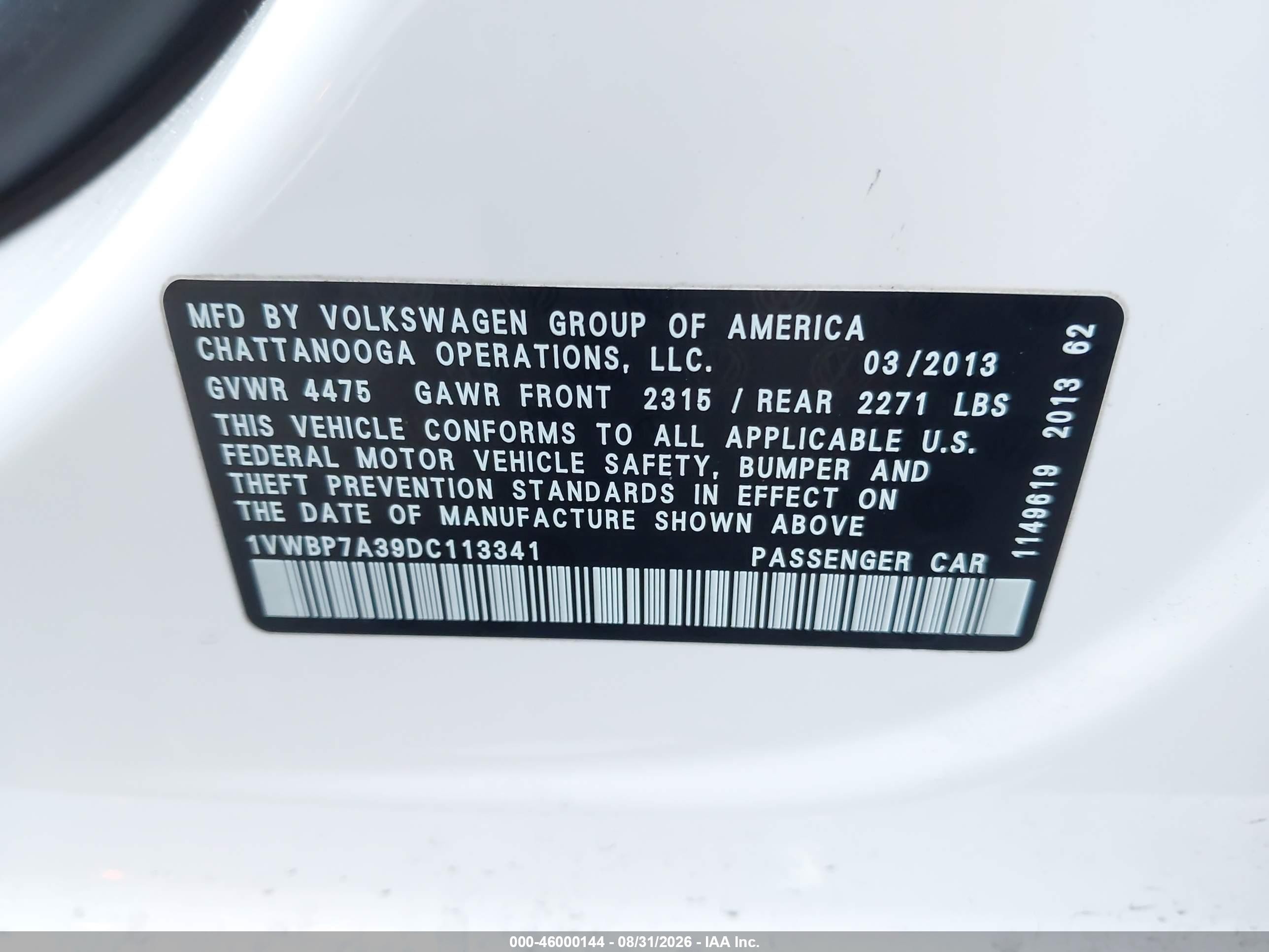 2013 Volkswagen Passat 2.5l Se White vin: 1VWBP7A39DC113341