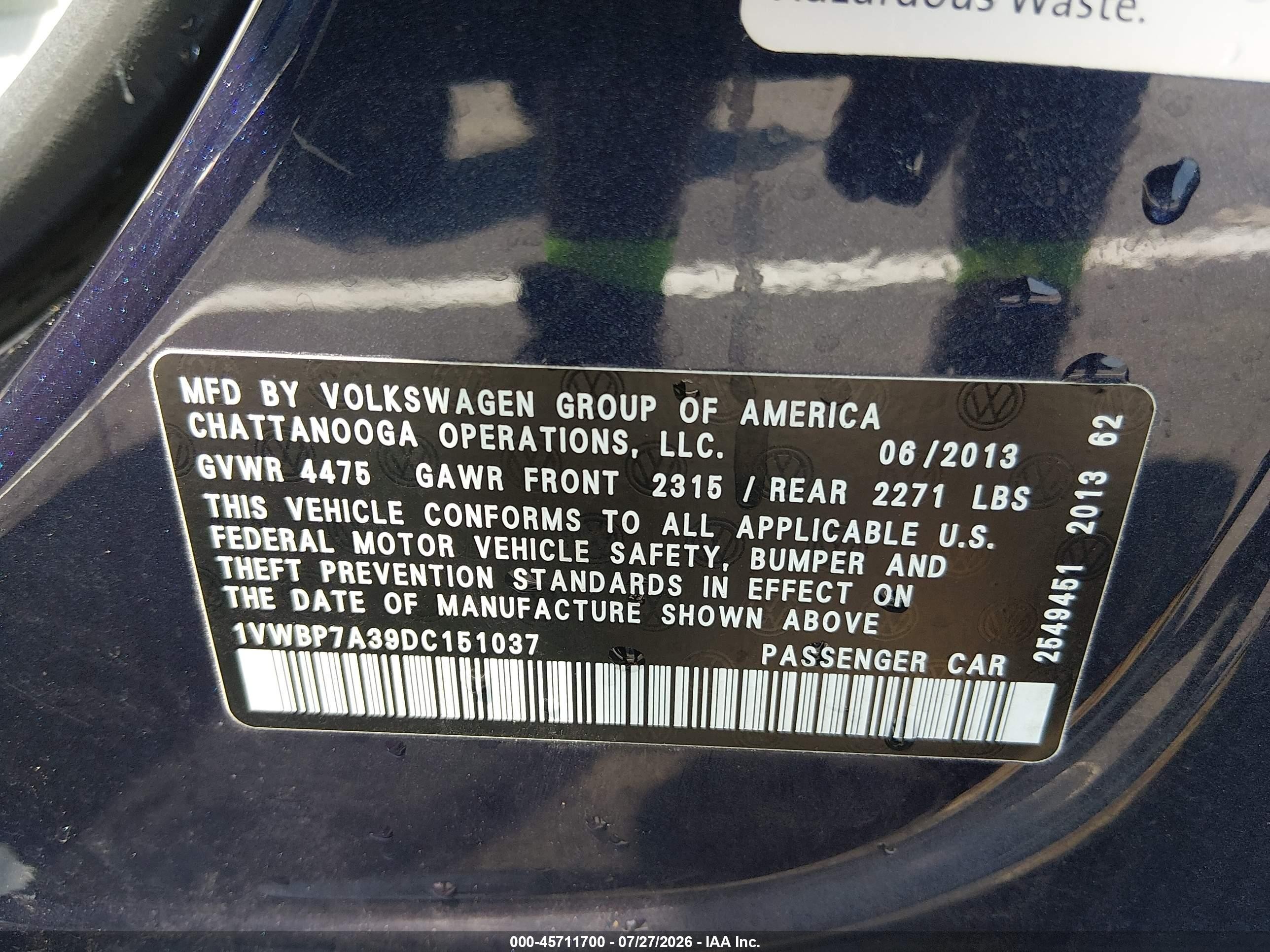 2013 Volkswagen Passat 2.5l Se Blue vin: 1VWBP7A39DC151037