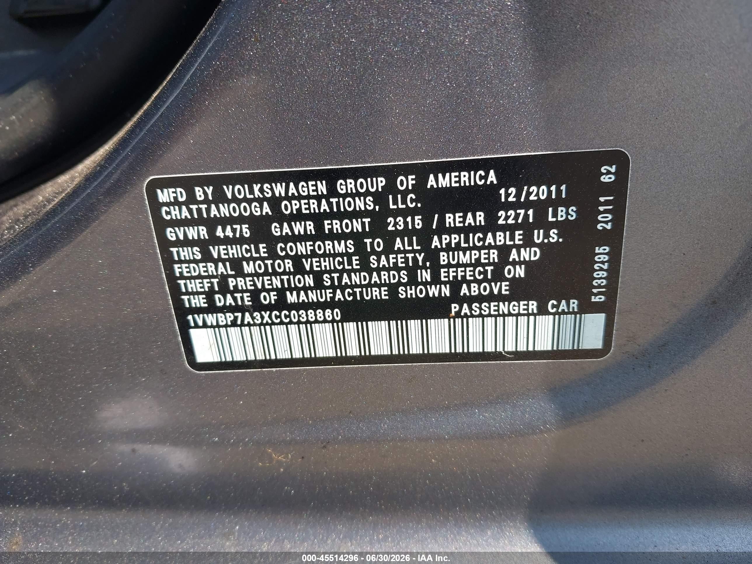 2012 Volkswagen Passat 2.5l Se Blue vin: 1VWBP7A3XCC038860