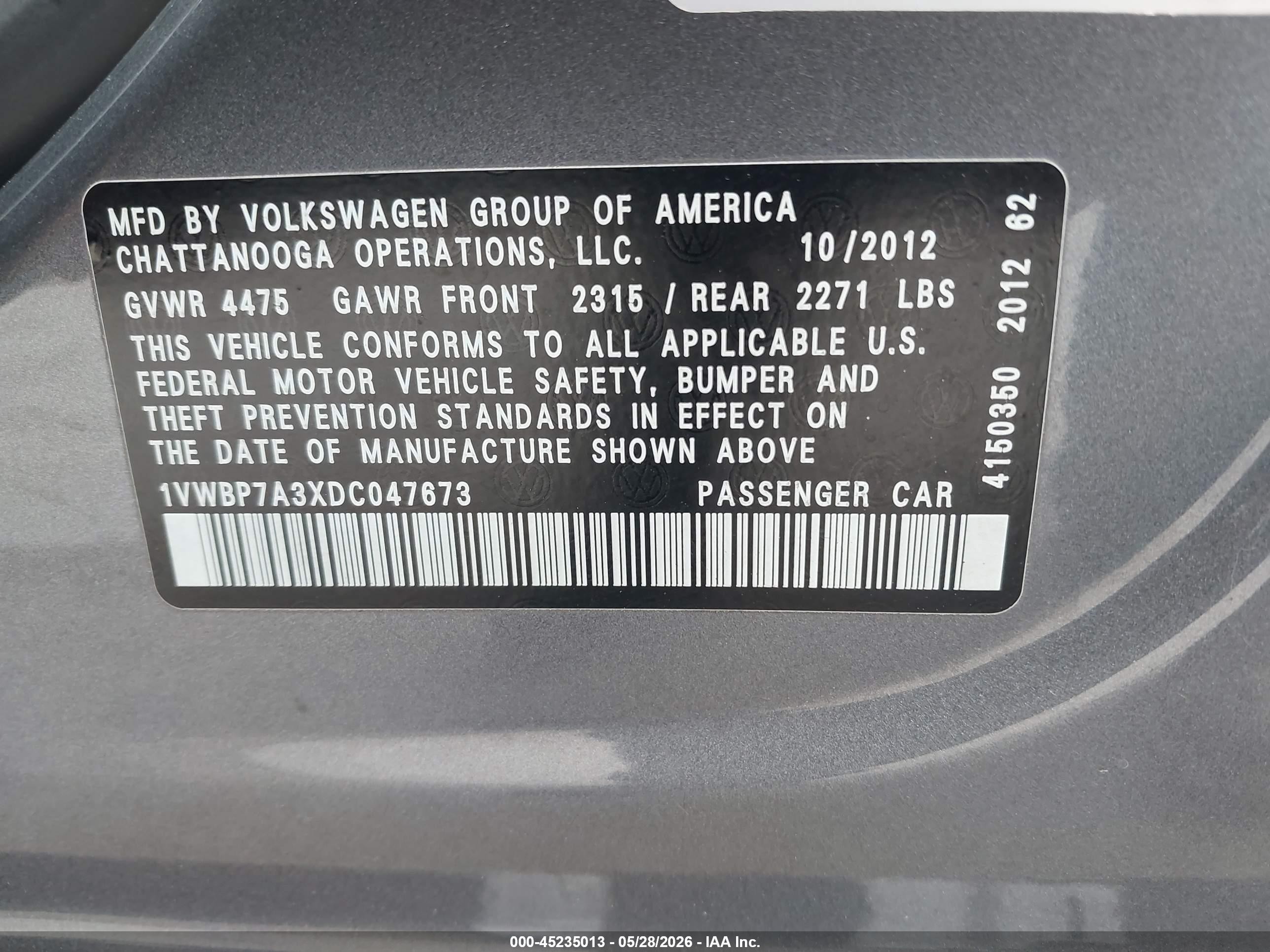 2013 Volkswagen Passat 2.5l Se Gray vin: 1VWBP7A3XDC047673