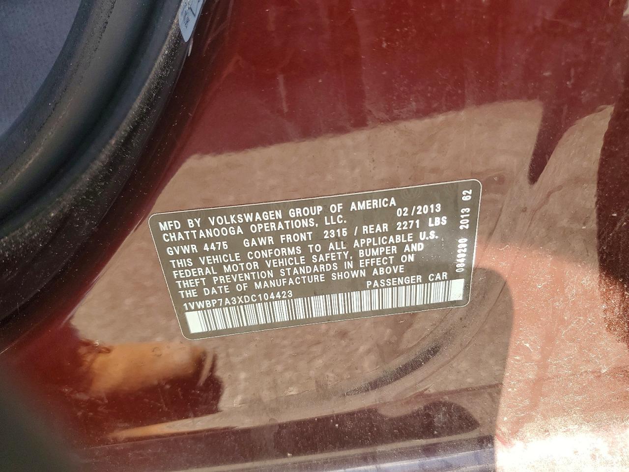 2013 Volkswagen Passat Se Maroon vin: 1VWBP7A3XDC104423