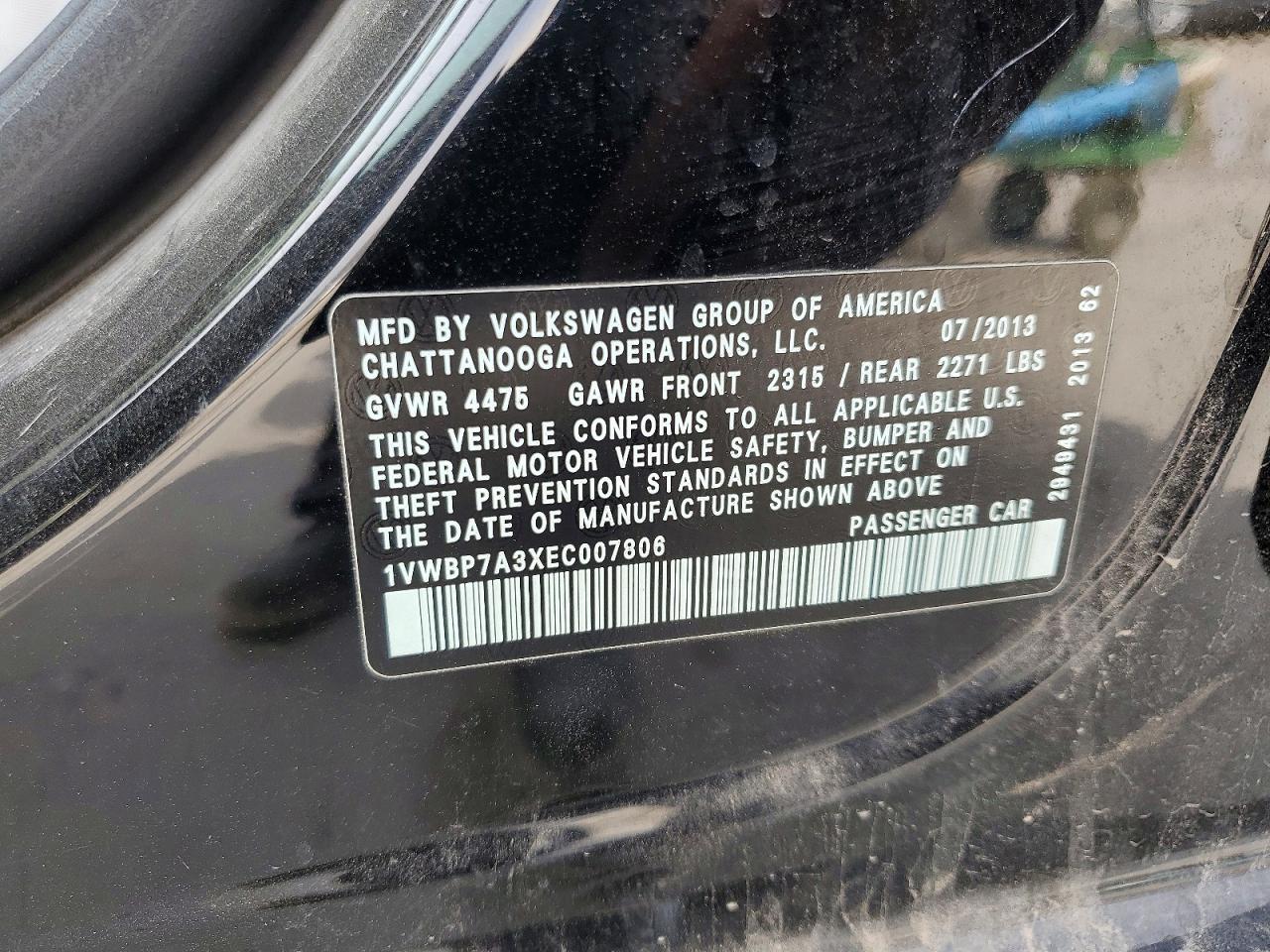 2014 Volkswagen Passat Se Black vin: 1VWBP7A3XEC007806