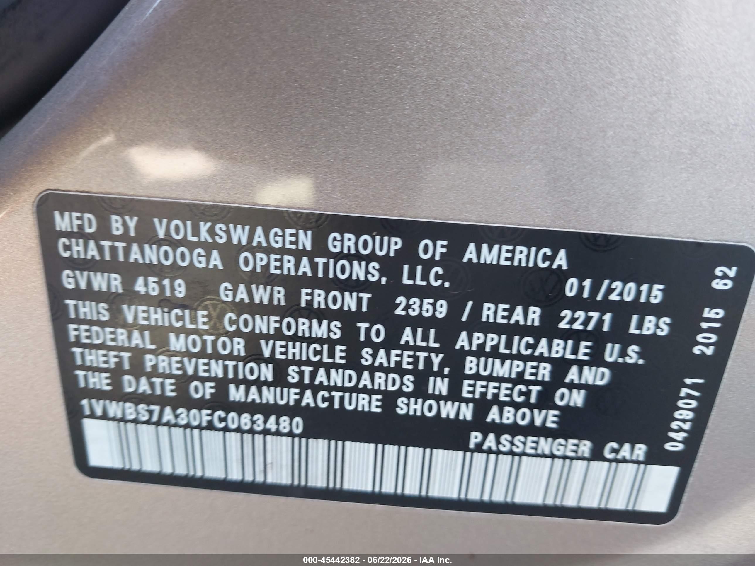 2015 Volkswagen Passat 1.8t Se Gold vin: 1VWBS7A30FC063480