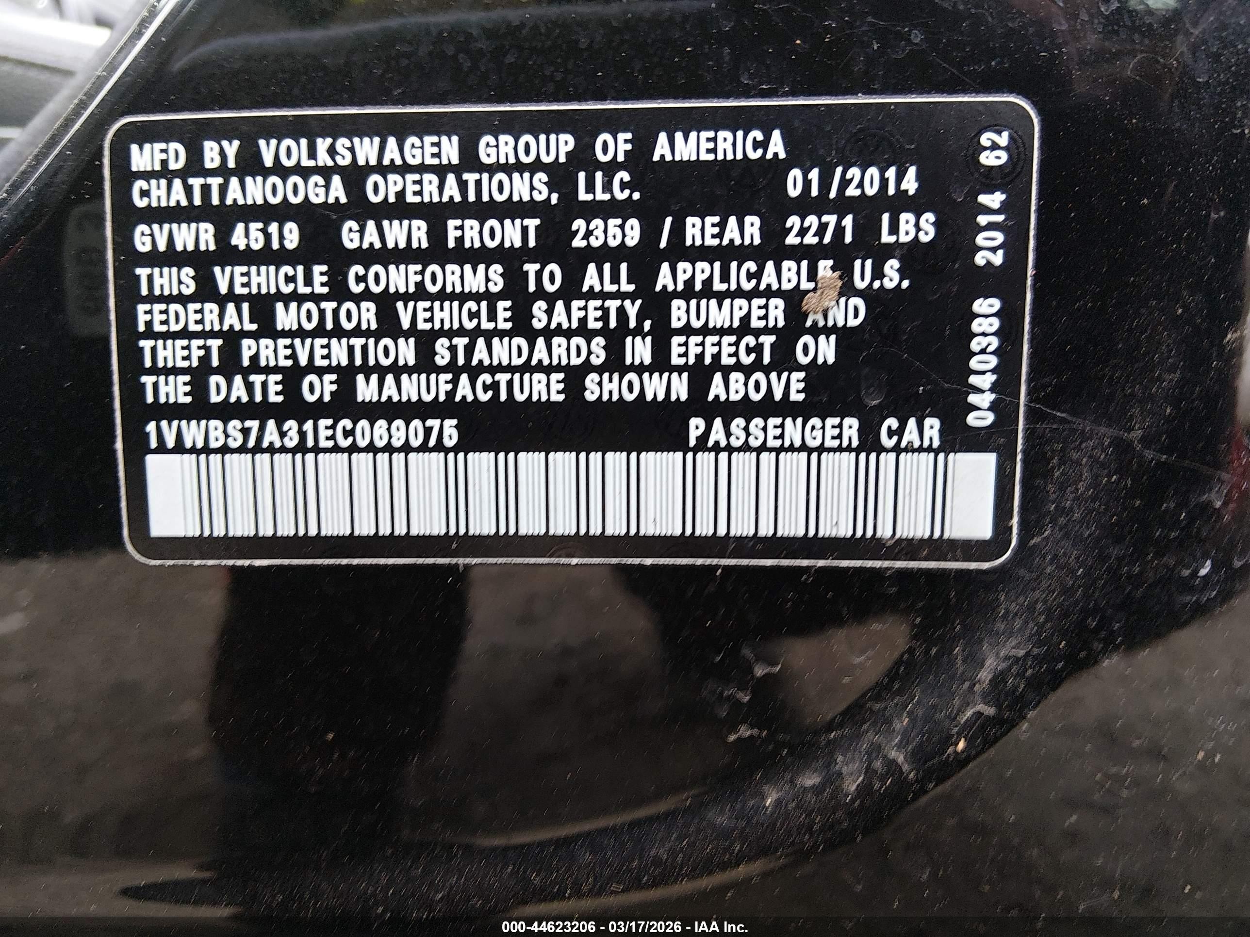 2014 Volkswagen Passat 1.8t Se Black vin: 1VWBS7A31EC069075