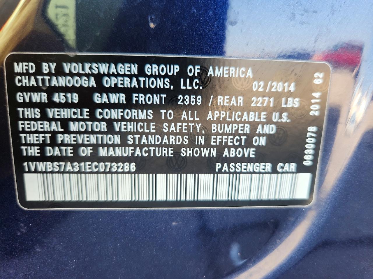 2014 Volkswagen Passat Se Blue vin: 1VWBS7A31EC073286