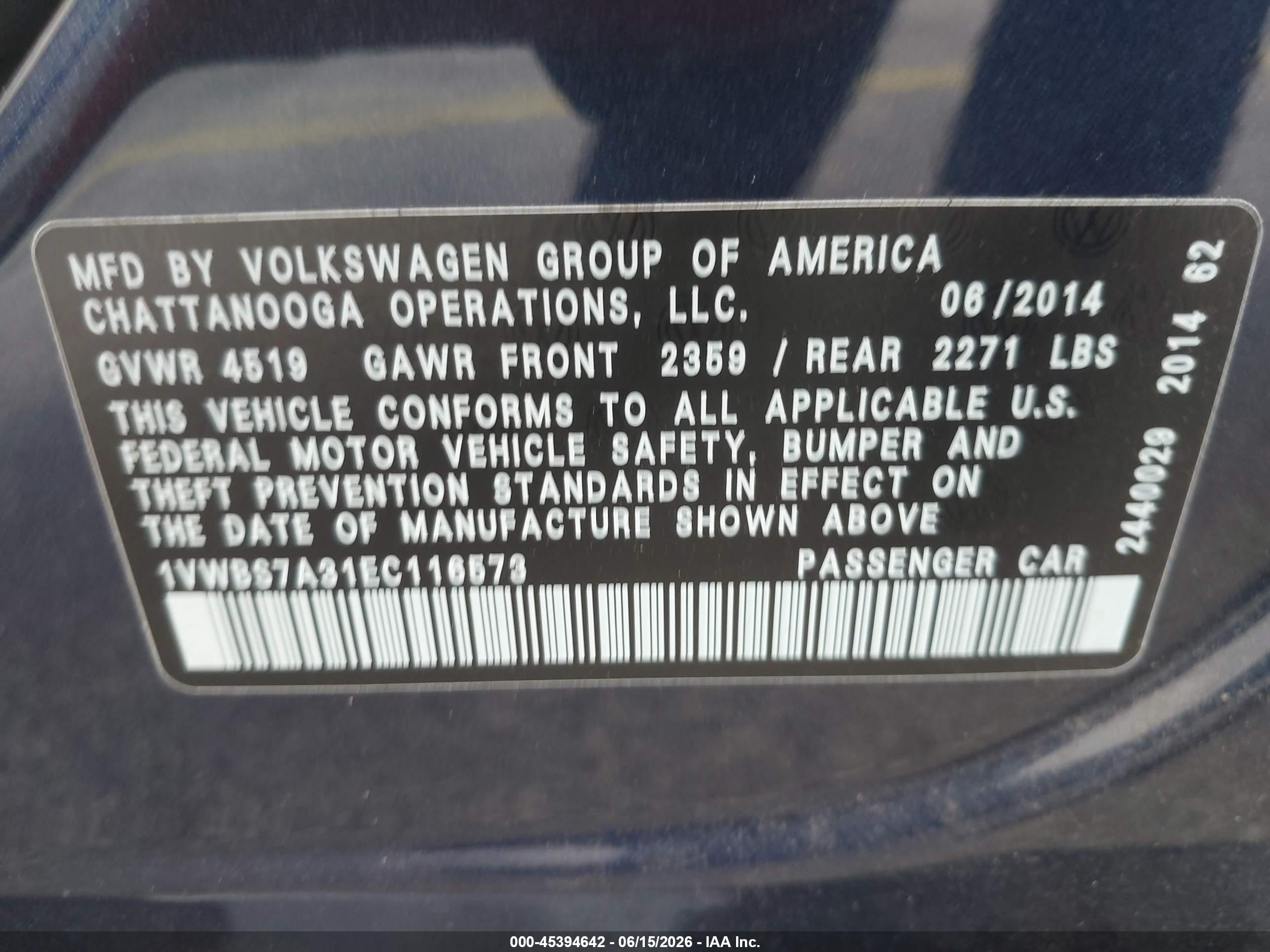 2014 Volkswagen Passat 1.8t Se Blue vin: 1VWBS7A31EC116573