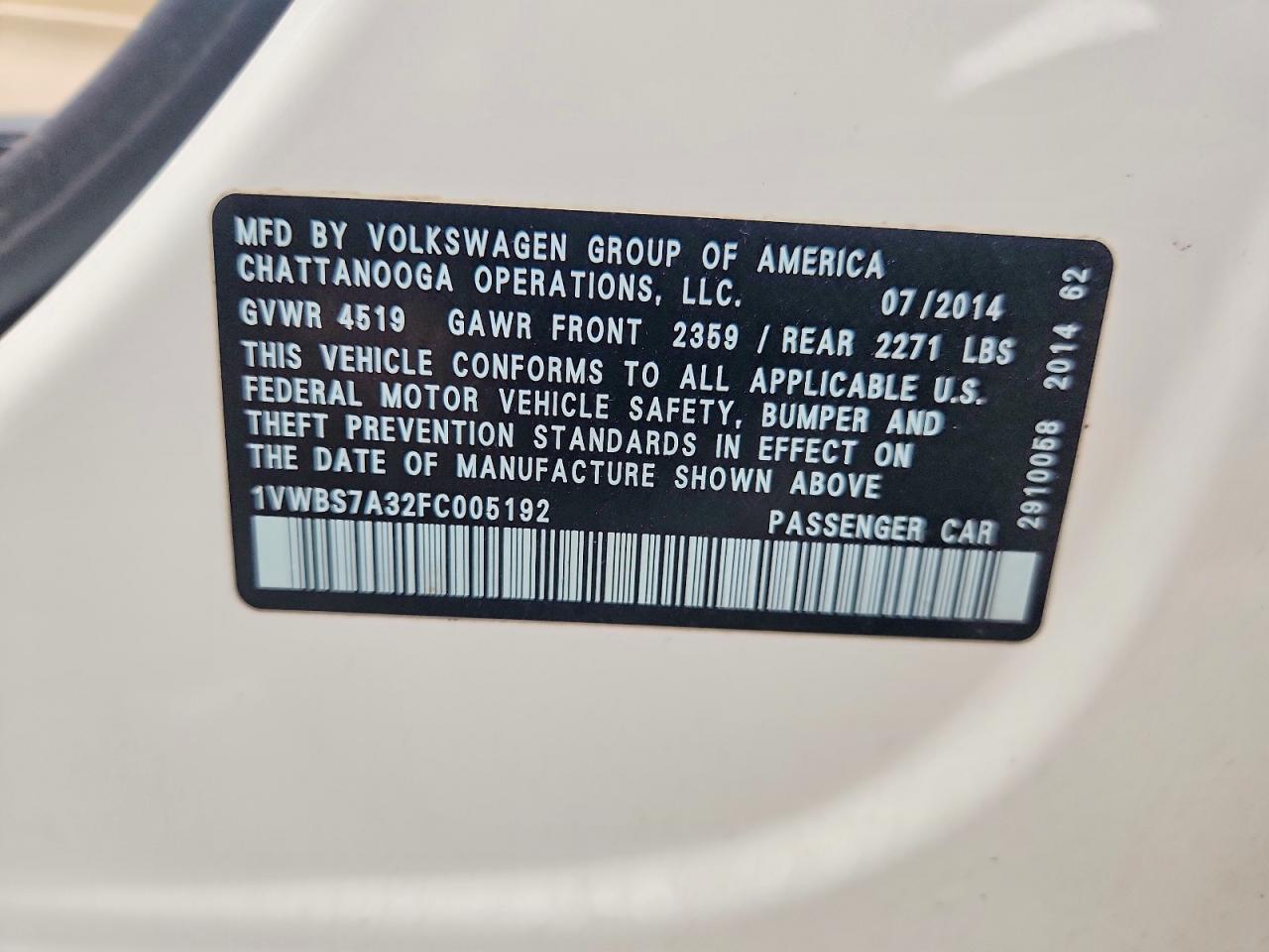 2015 Volkswagen Passat Se White vin: 1VWBS7A32FC005192