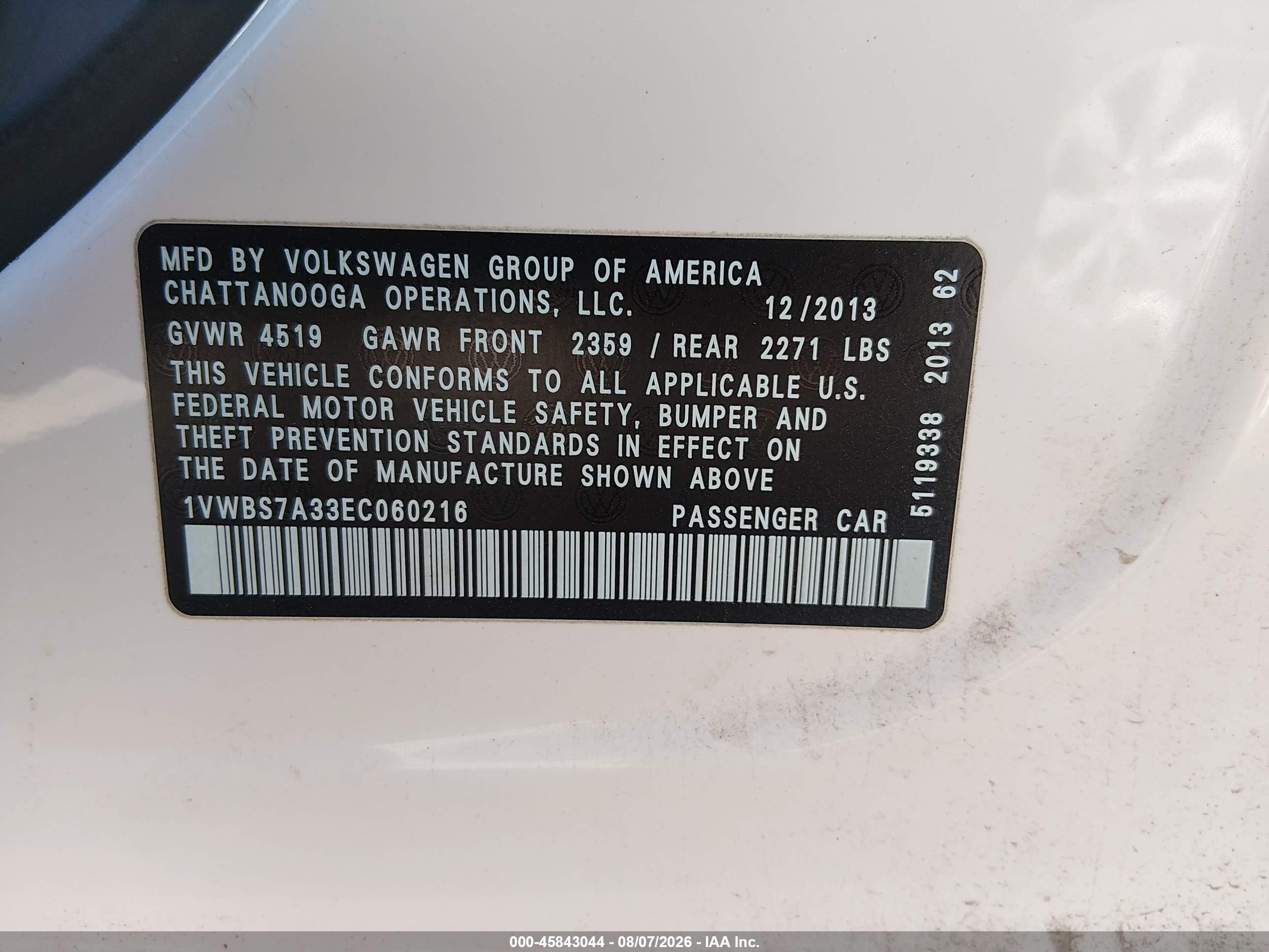 2014 Volkswagen Passat 1.8t Se White vin: 1VWBS7A33EC060216