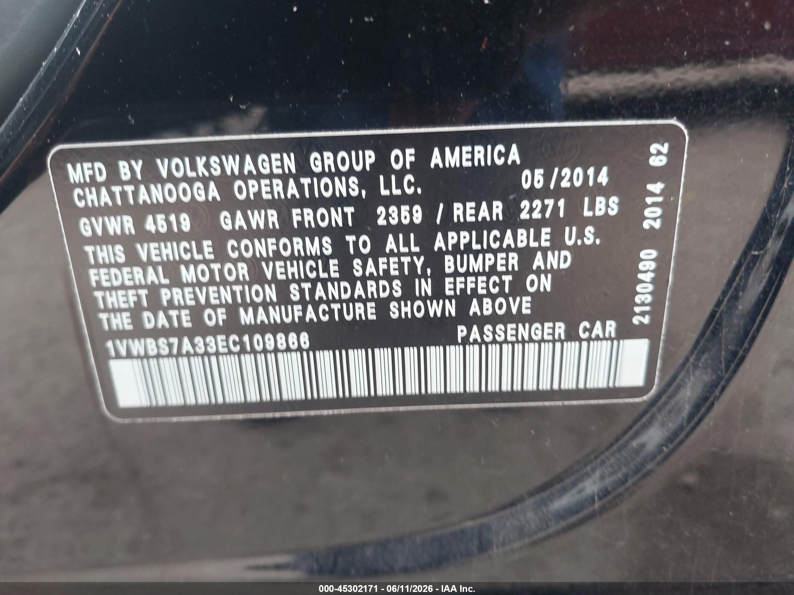 2014 Volkswagen Passat 1.8t Se Black vin: 1VWBS7A33EC109866