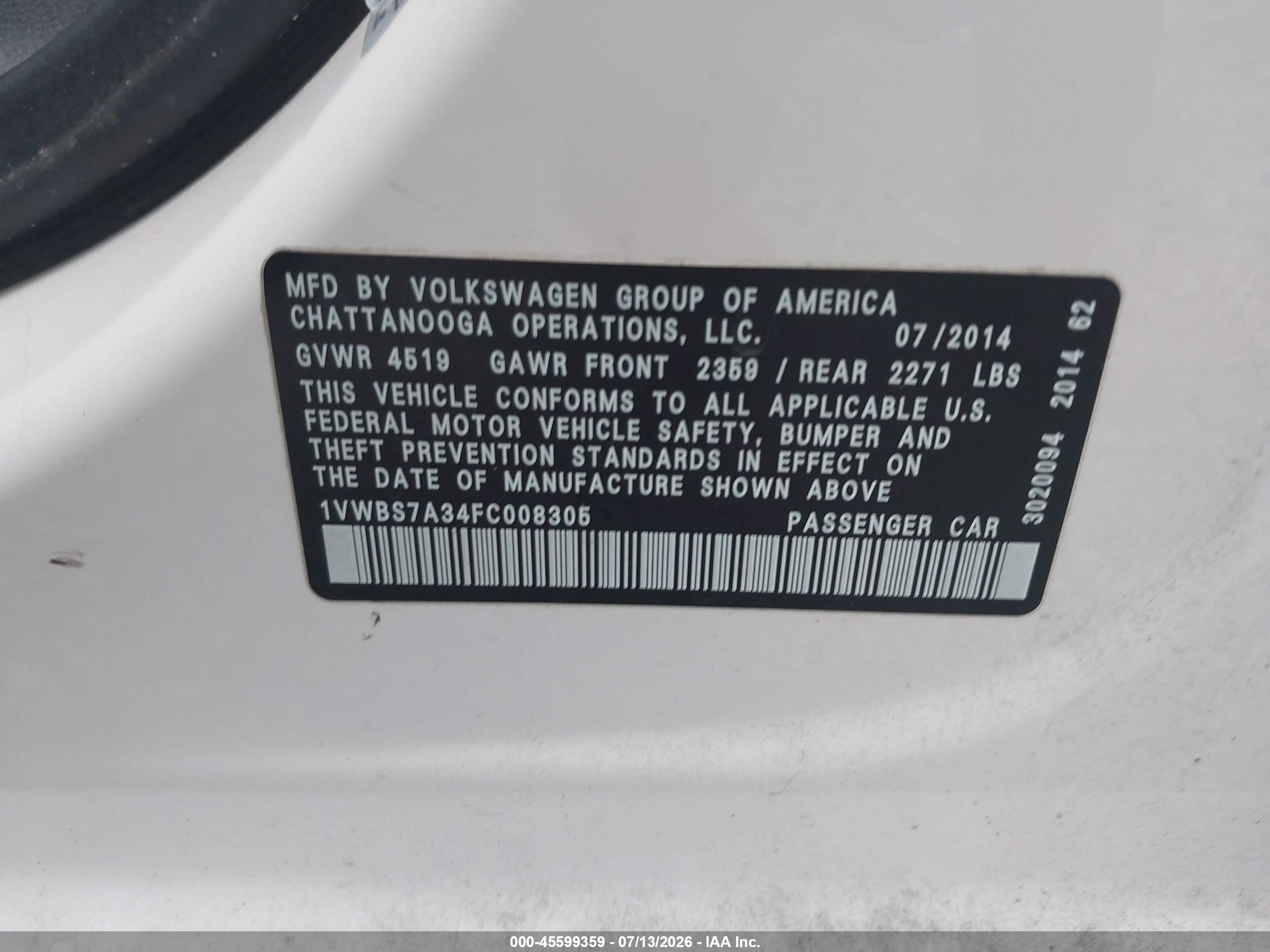 2015 Volkswagen Passat 1.8t Se White vin: 1VWBS7A34FC008305