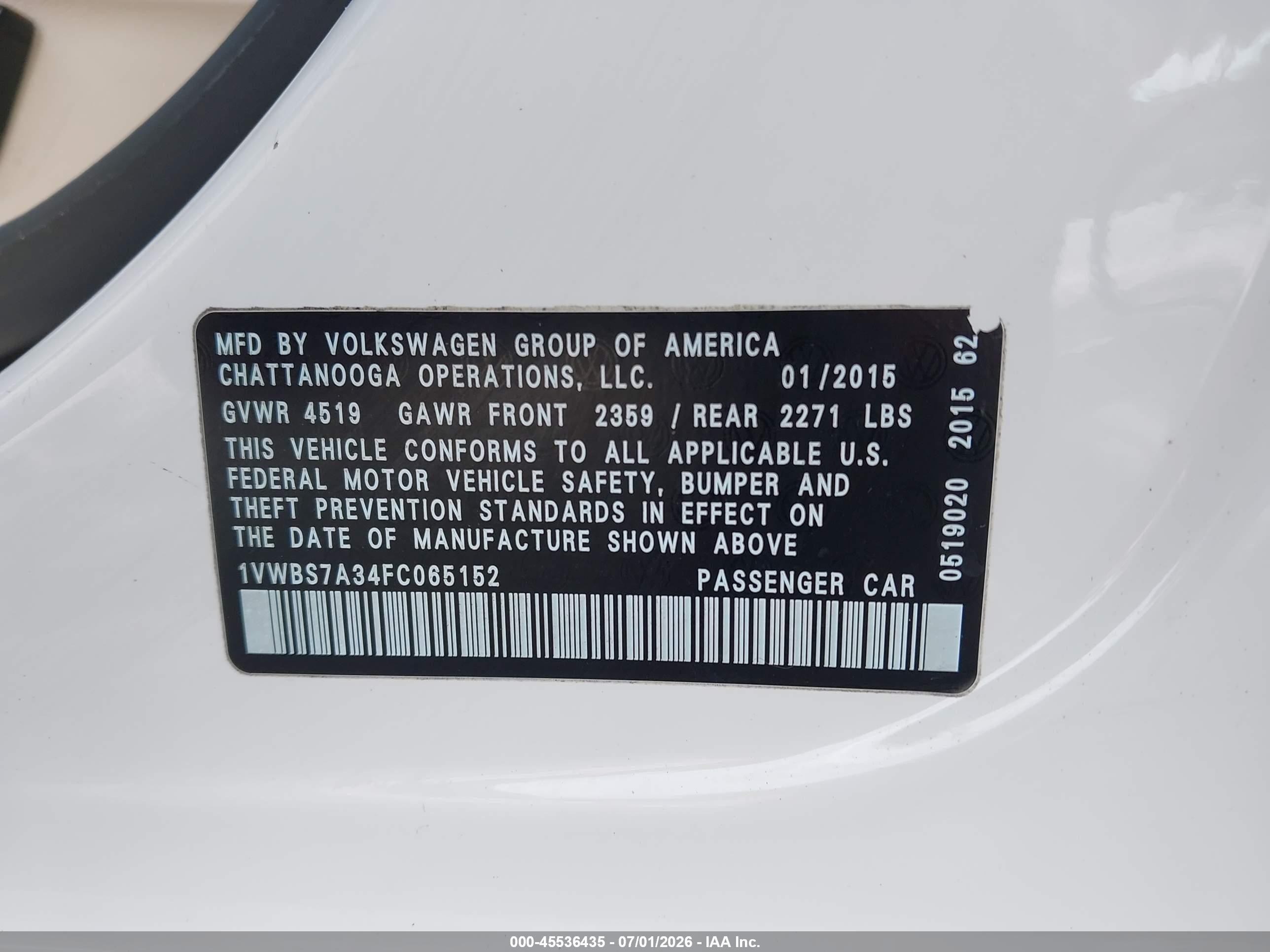 2015 Volkswagen Passat 1.8t Se White vin: 1VWBS7A34FC065152