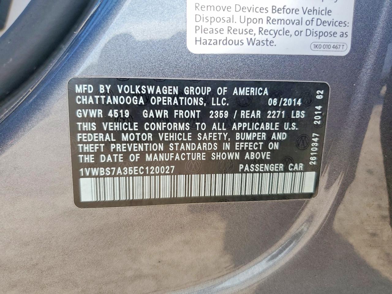 2014 Volkswagen Passat Se Gray vin: 1VWBS7A35EC120027
