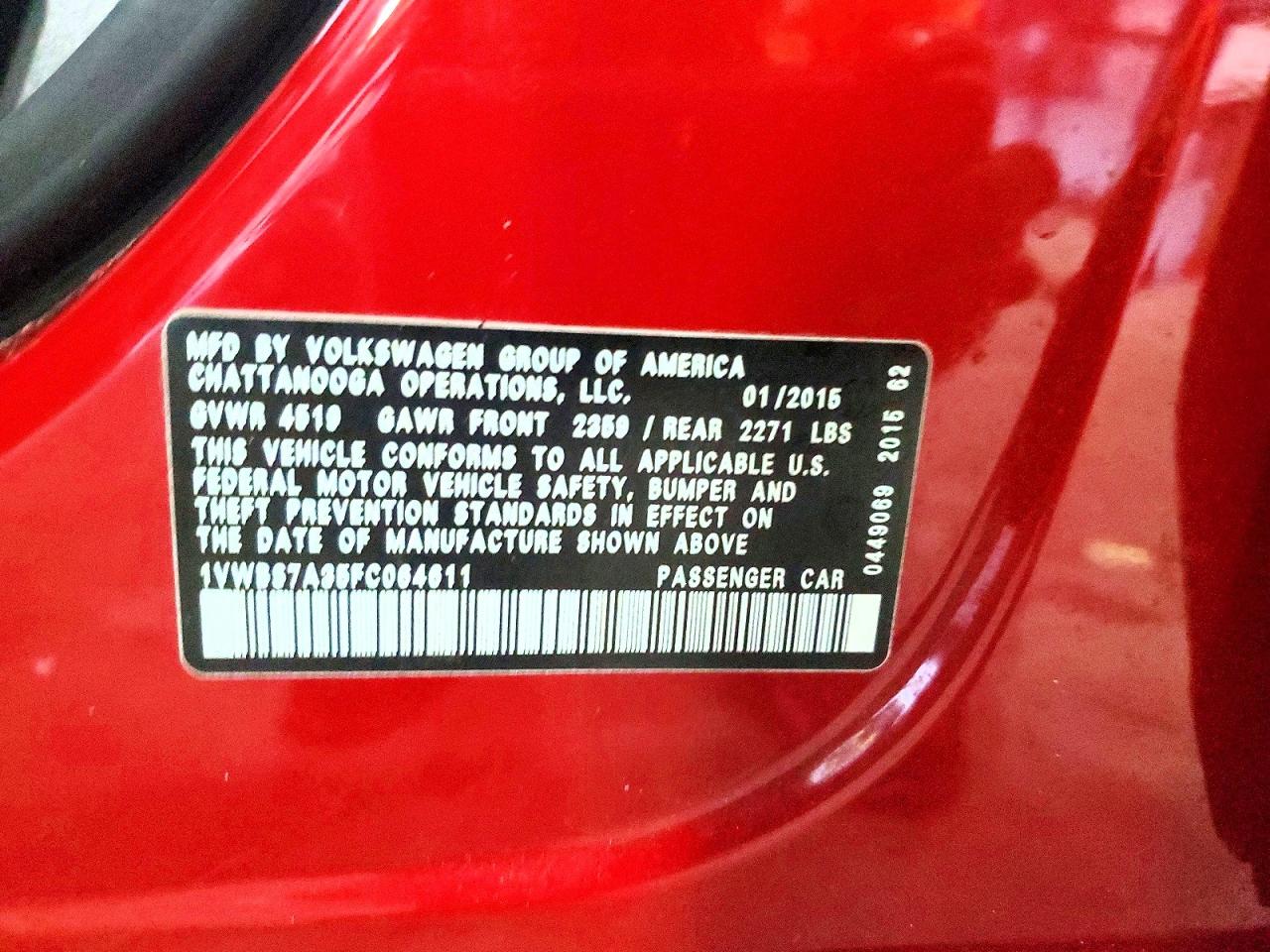 2015 Volkswagen Passat Se Red vin: 1VWBS7A35FC064611