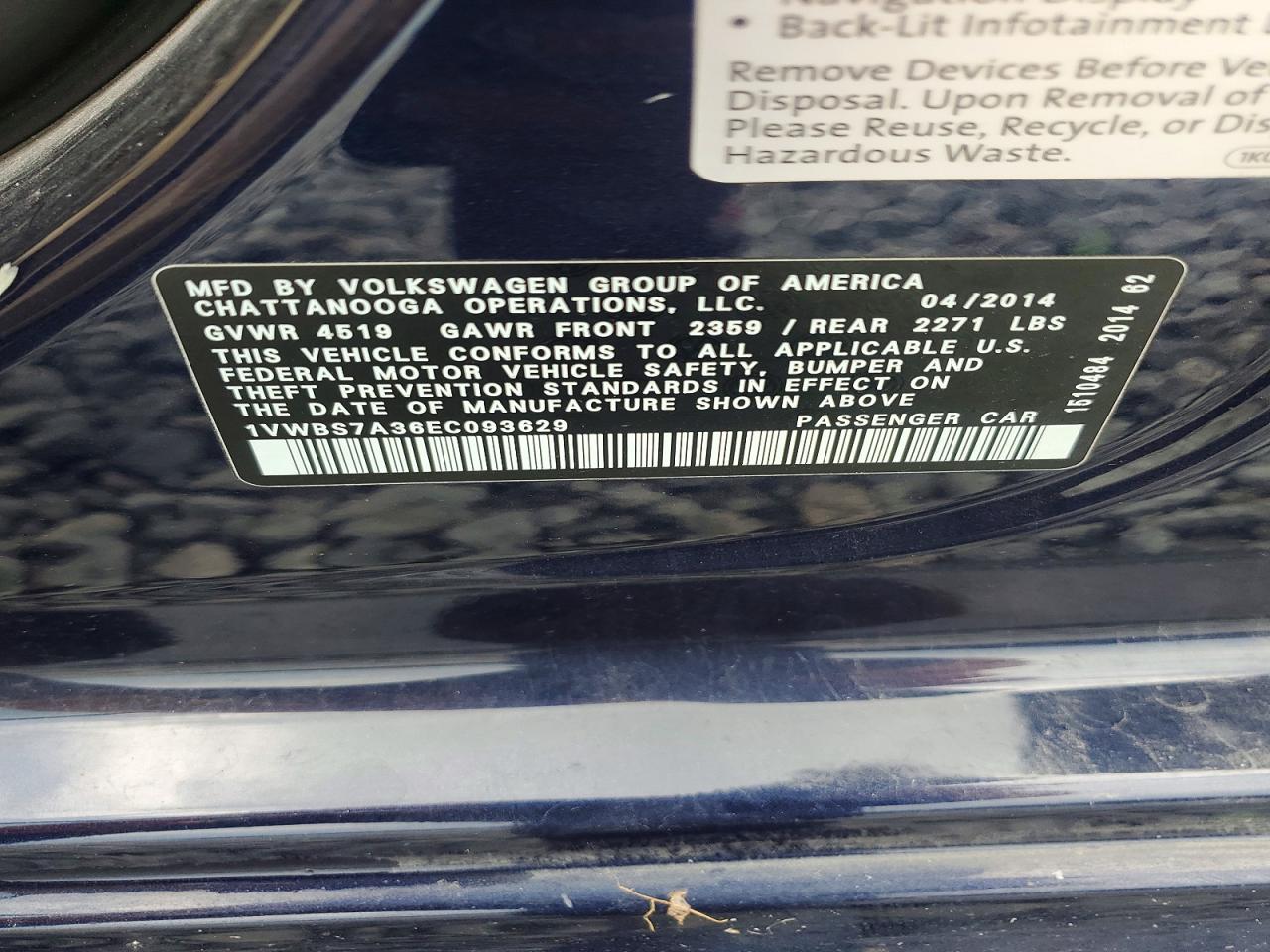 2014 Volkswagen Passat Se Blue vin: 1VWBS7A36EC093629