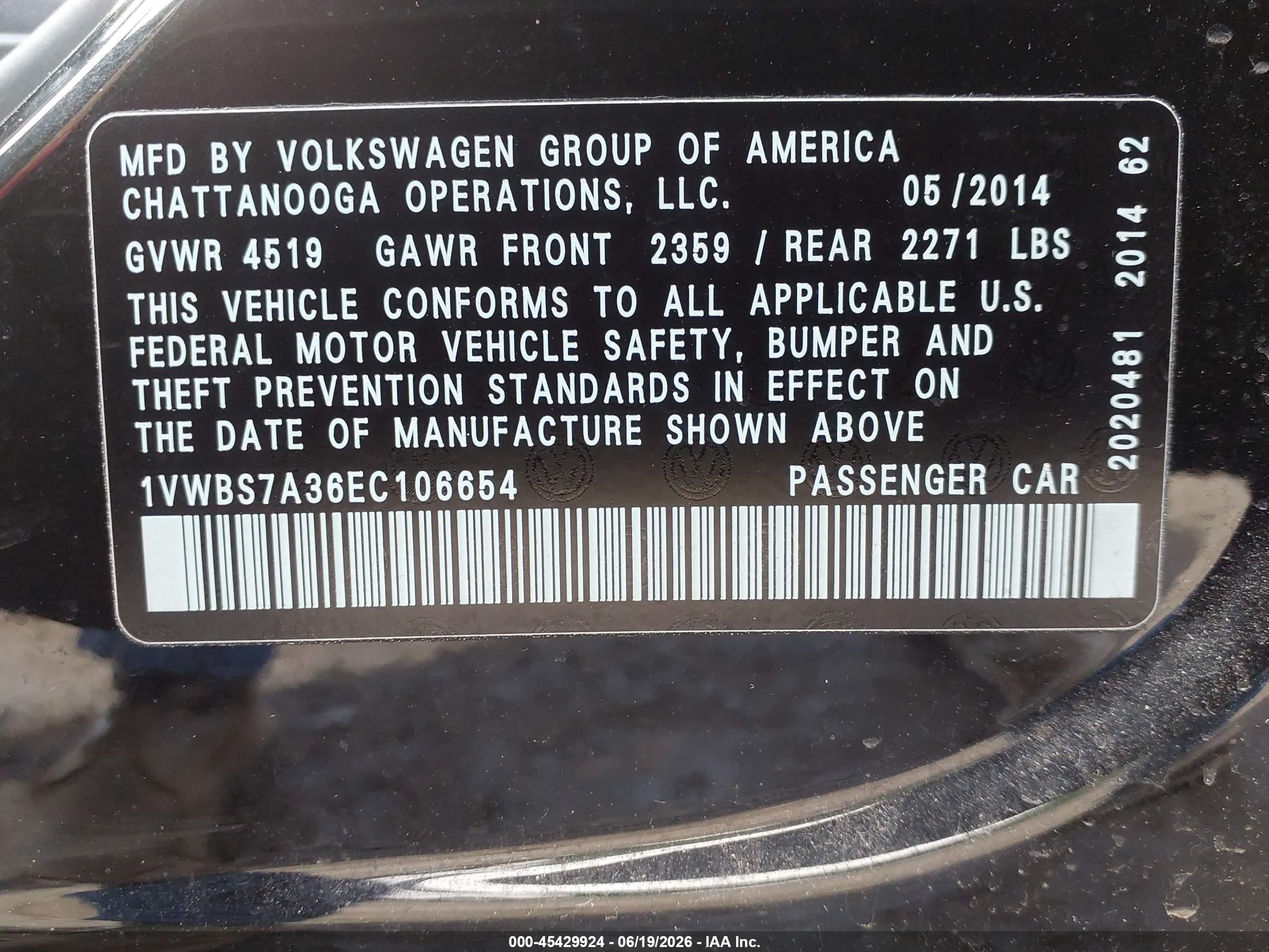 2014 Volkswagen Passat 1.8t Se Black vin: 1VWBS7A36EC106654
