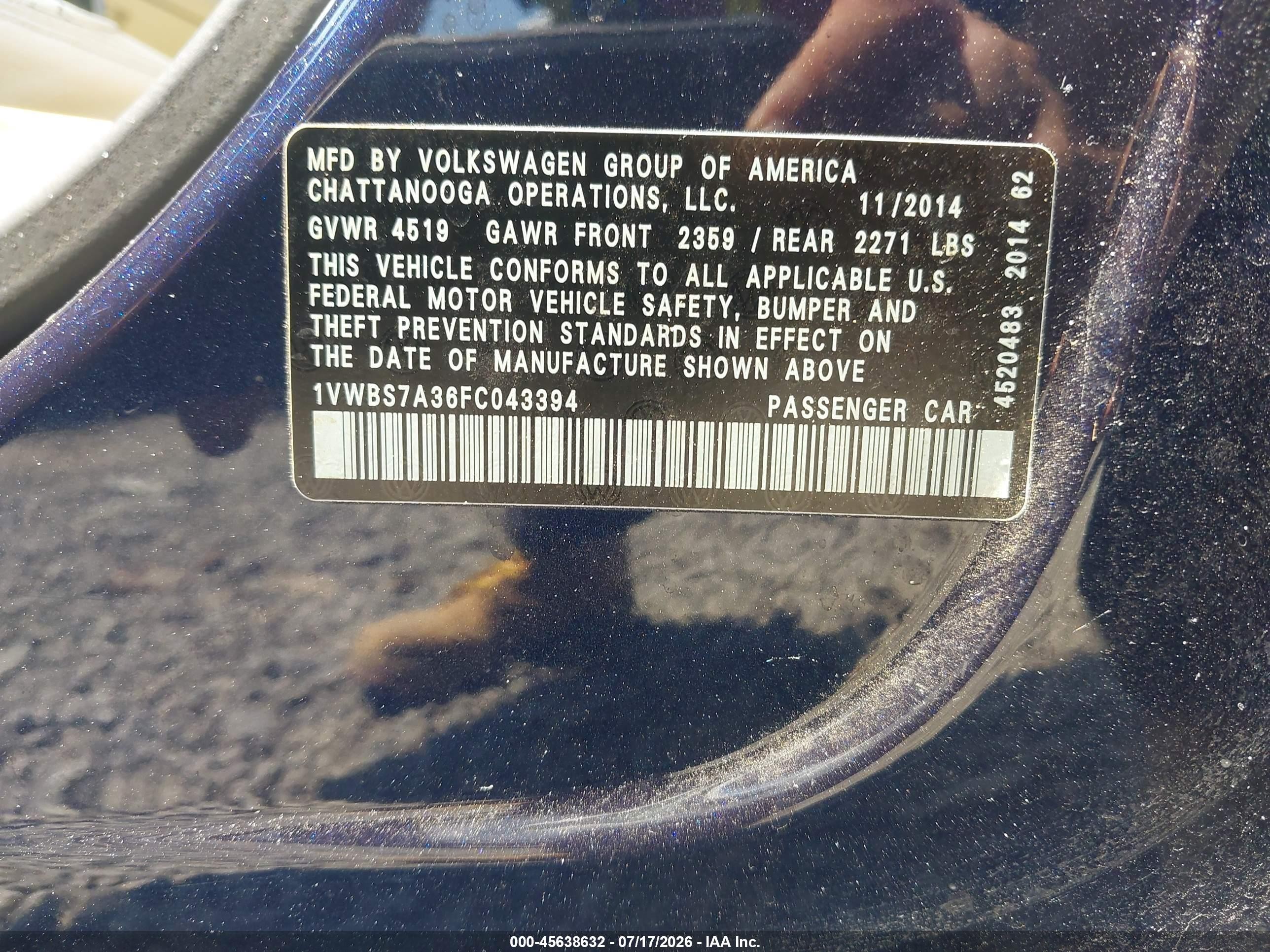 2015 Volkswagen Passat 1.8t Se Navy vin: 1VWBS7A36FC043394