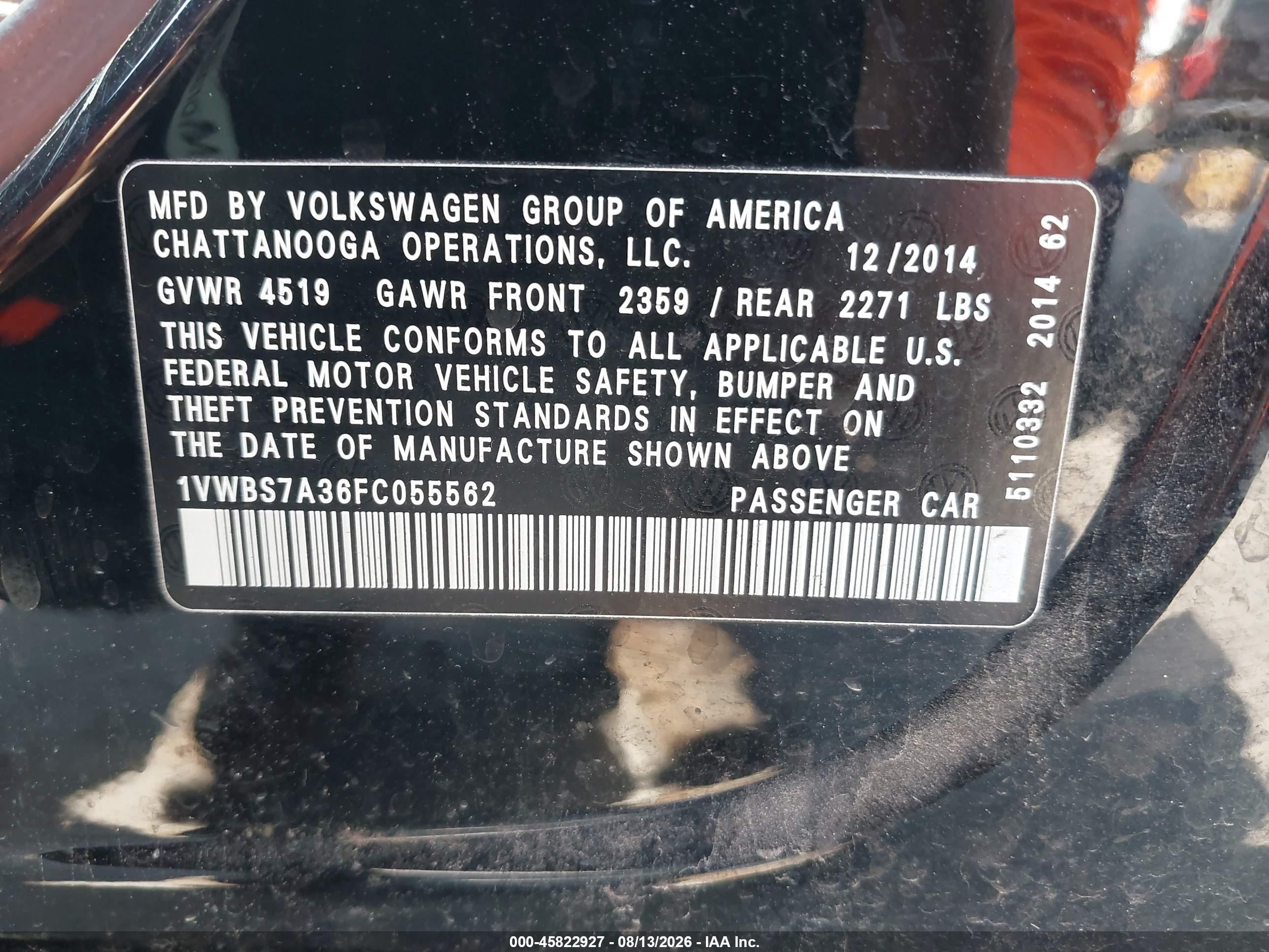 2015 Volkswagen Passat 1.8t Se Black vin: 1VWBS7A36FC055562