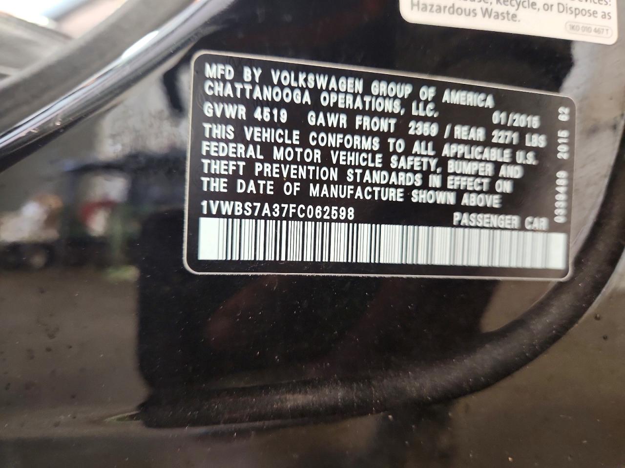2015 Volkswagen Passat Se Черный vin: 1VWBS7A37FC062598