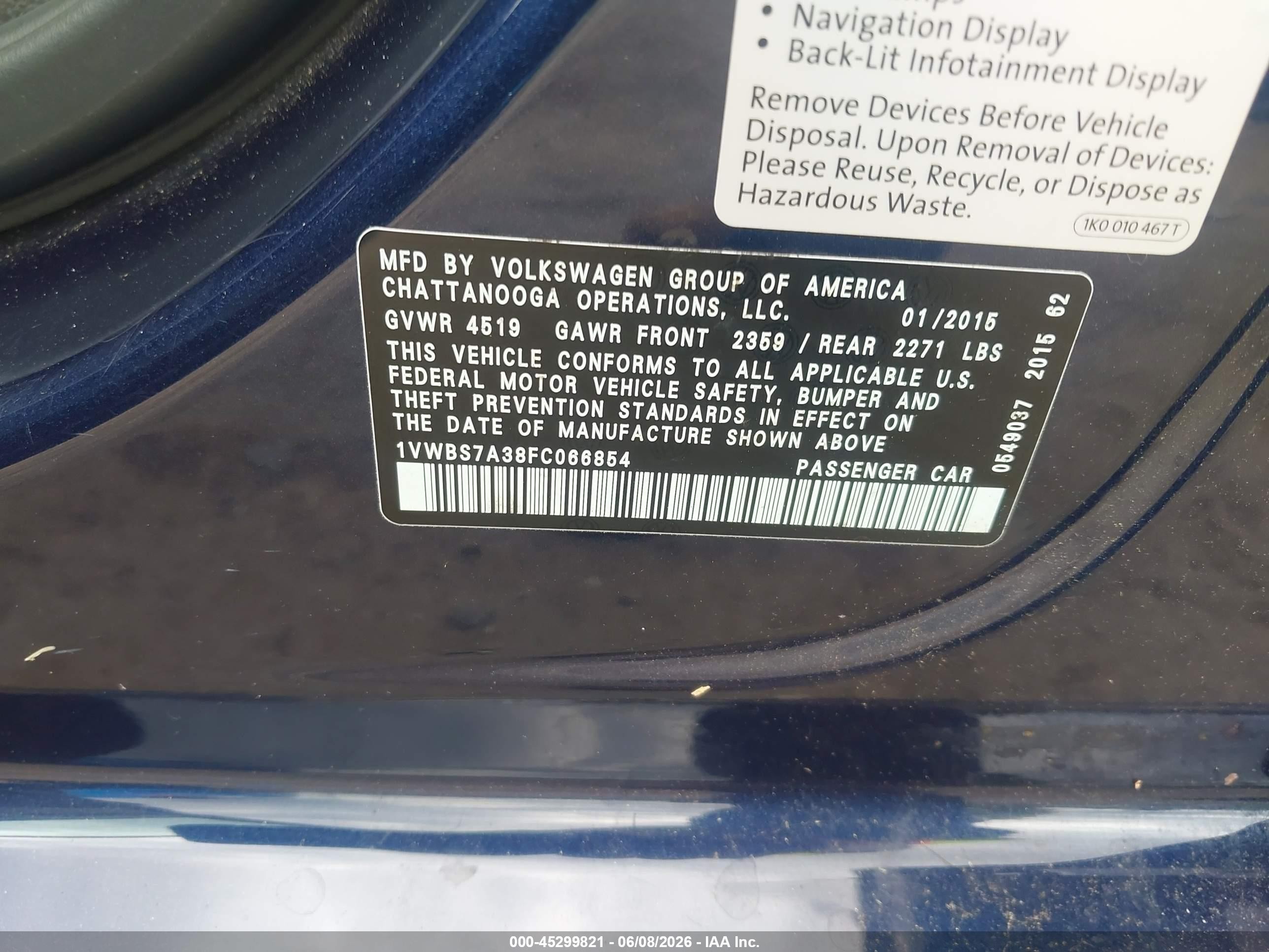 2015 Volkswagen Passat 1.8t Se Blue vin: 1VWBS7A38FC066854