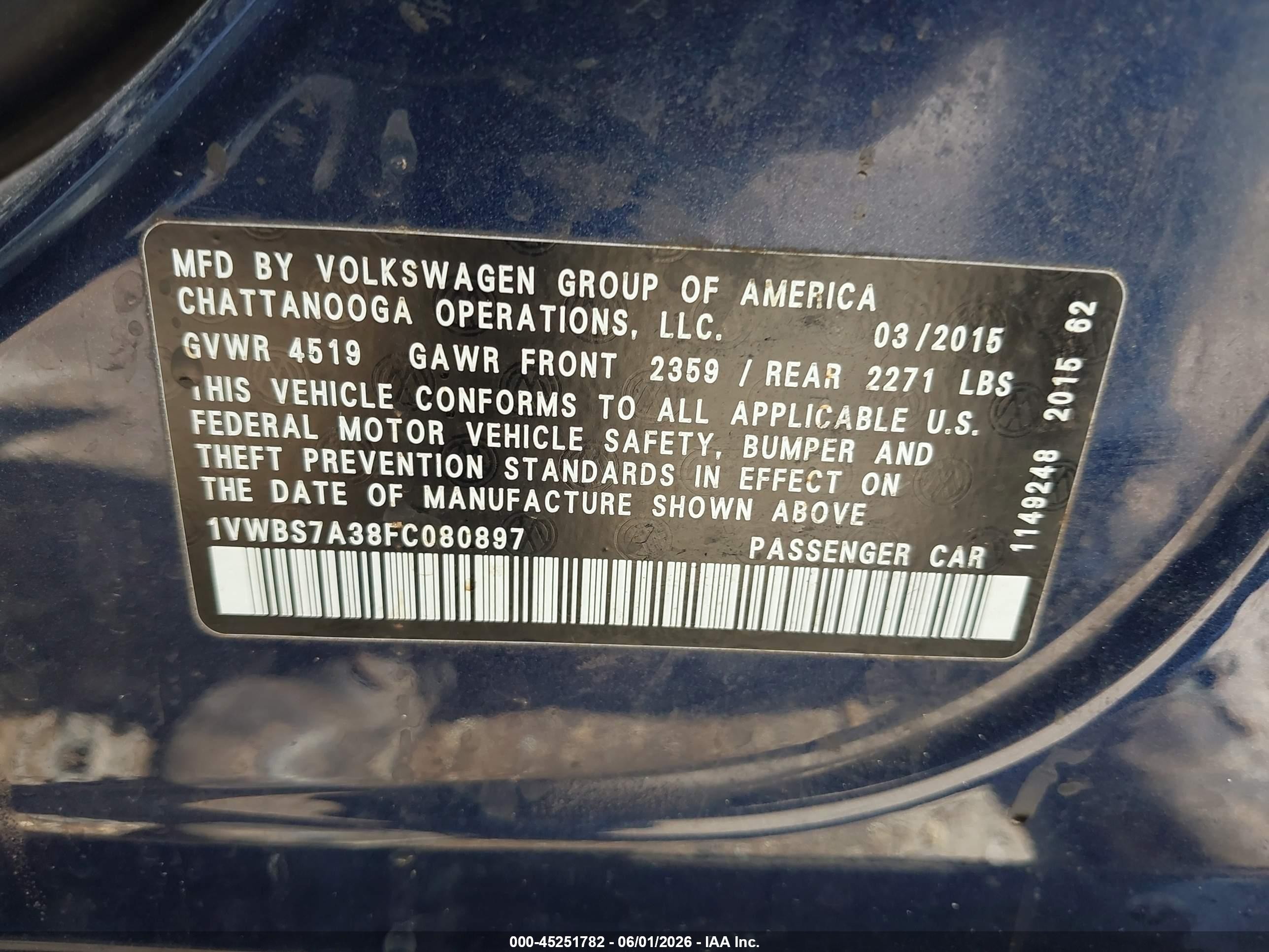 2015 Volkswagen Passat 1.8t Se Blue vin: 1VWBS7A38FC080897