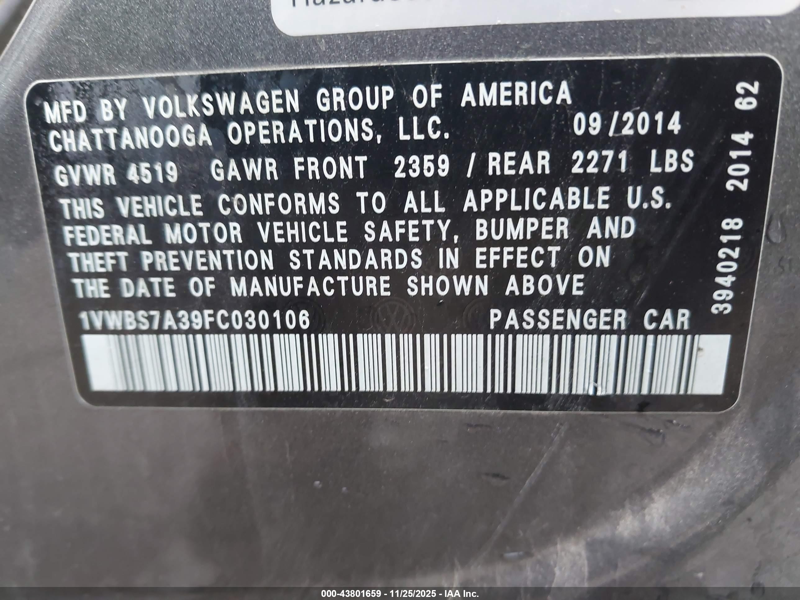 2015 Volkswagen Passat 1.8t Se Gray vin: 1VWBS7A39FC030106