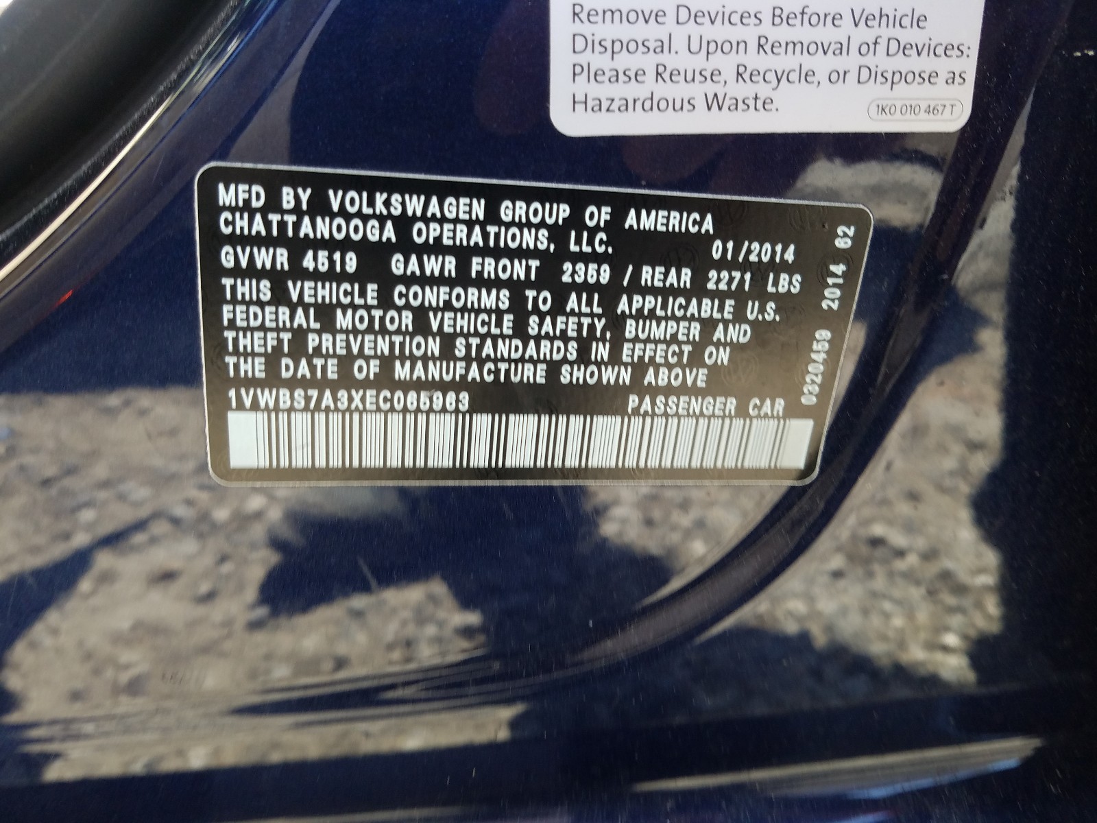 2014 Volkswagen Passat Se Blue vin: 1VWBS7A3XEC065963