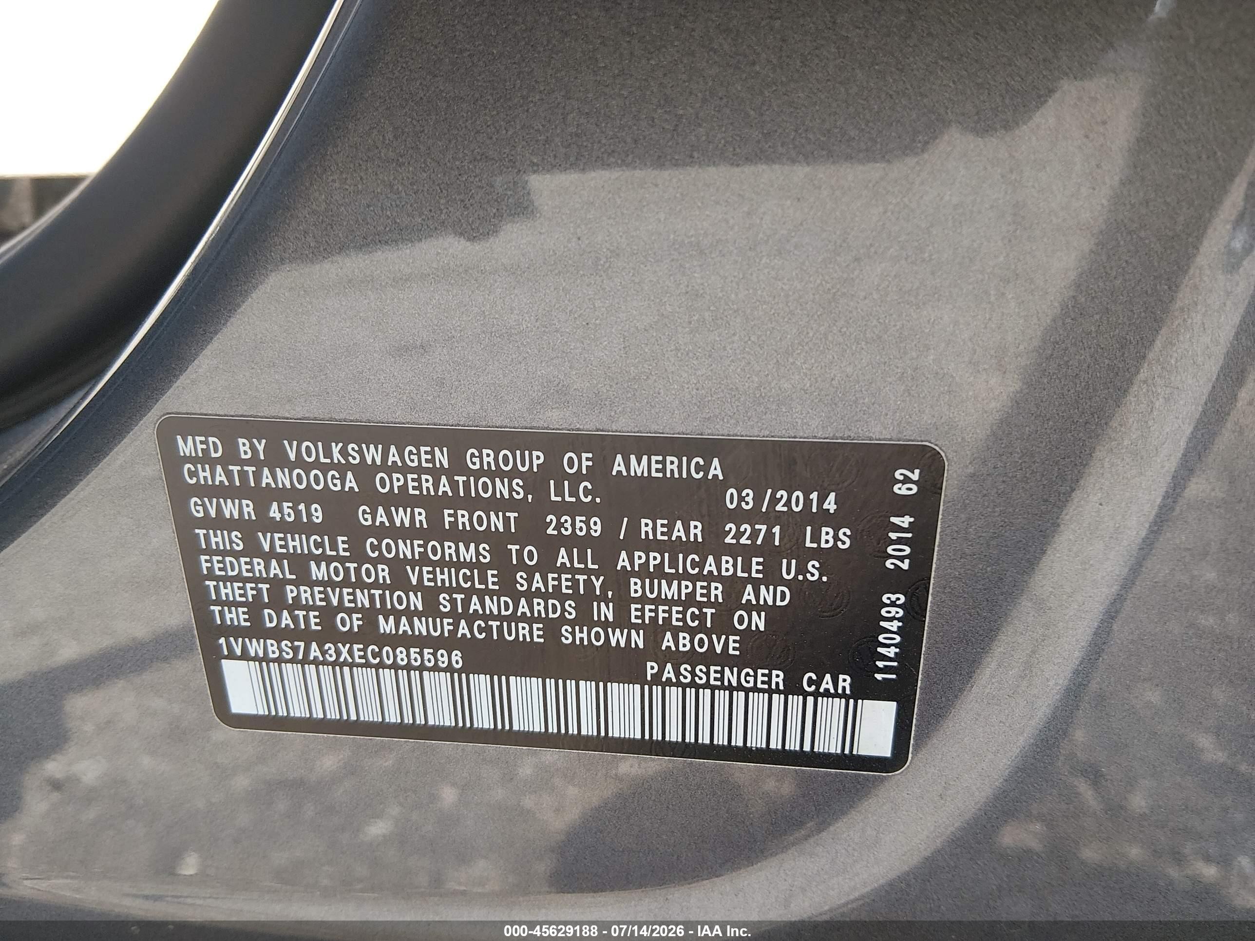 2014 Volkswagen Passat 1.8t Se Gray vin: 1VWBS7A3XEC085596