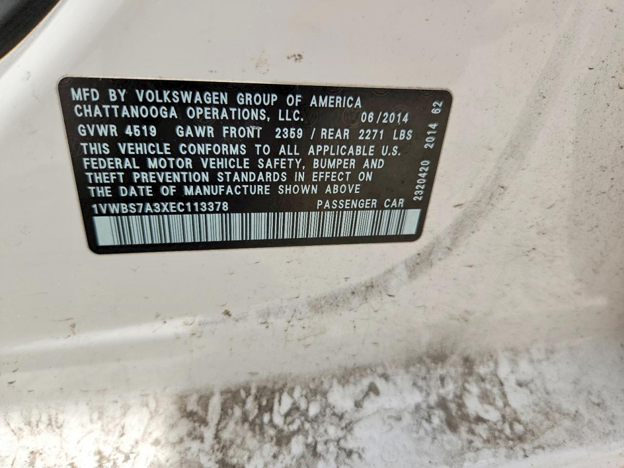 2014 Volkswagen Passat Se White vin: 1VWBS7A3XEC113378