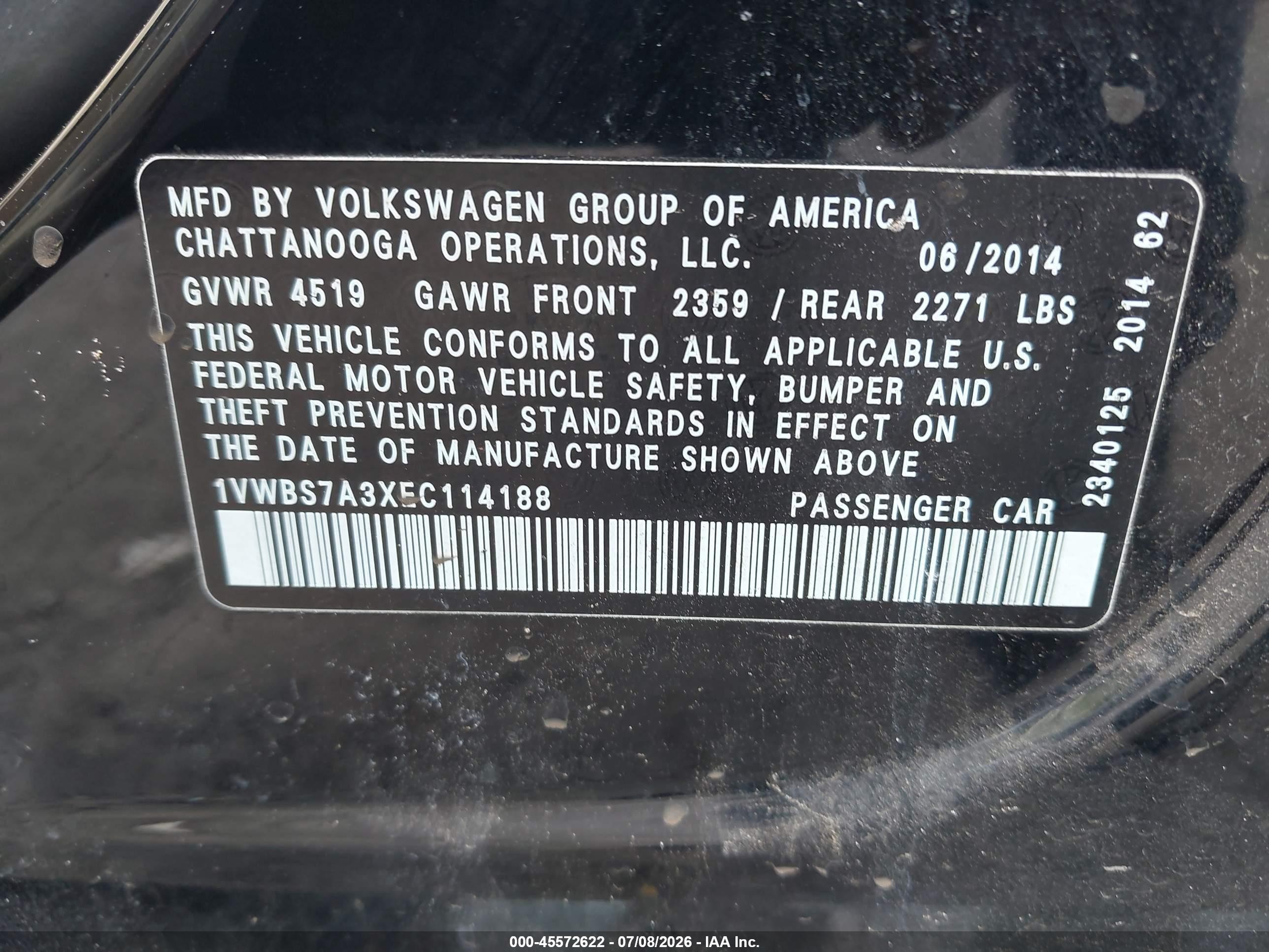 2014 Volkswagen Passat 1.8t Se Black vin: 1VWBS7A3XEC114188