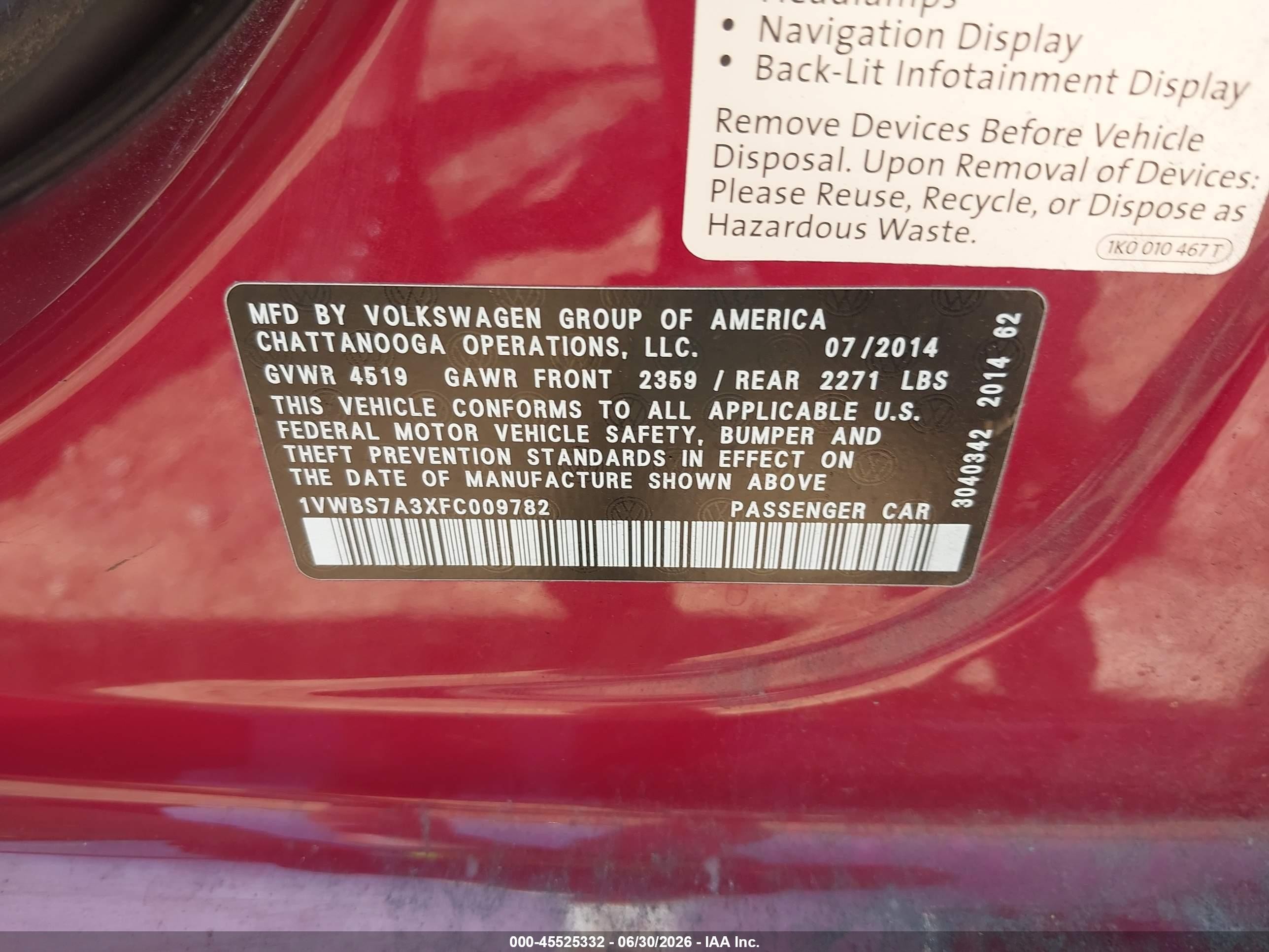 2015 Volkswagen Passat 1.8t Se Red vin: 1VWBS7A3XFC009782