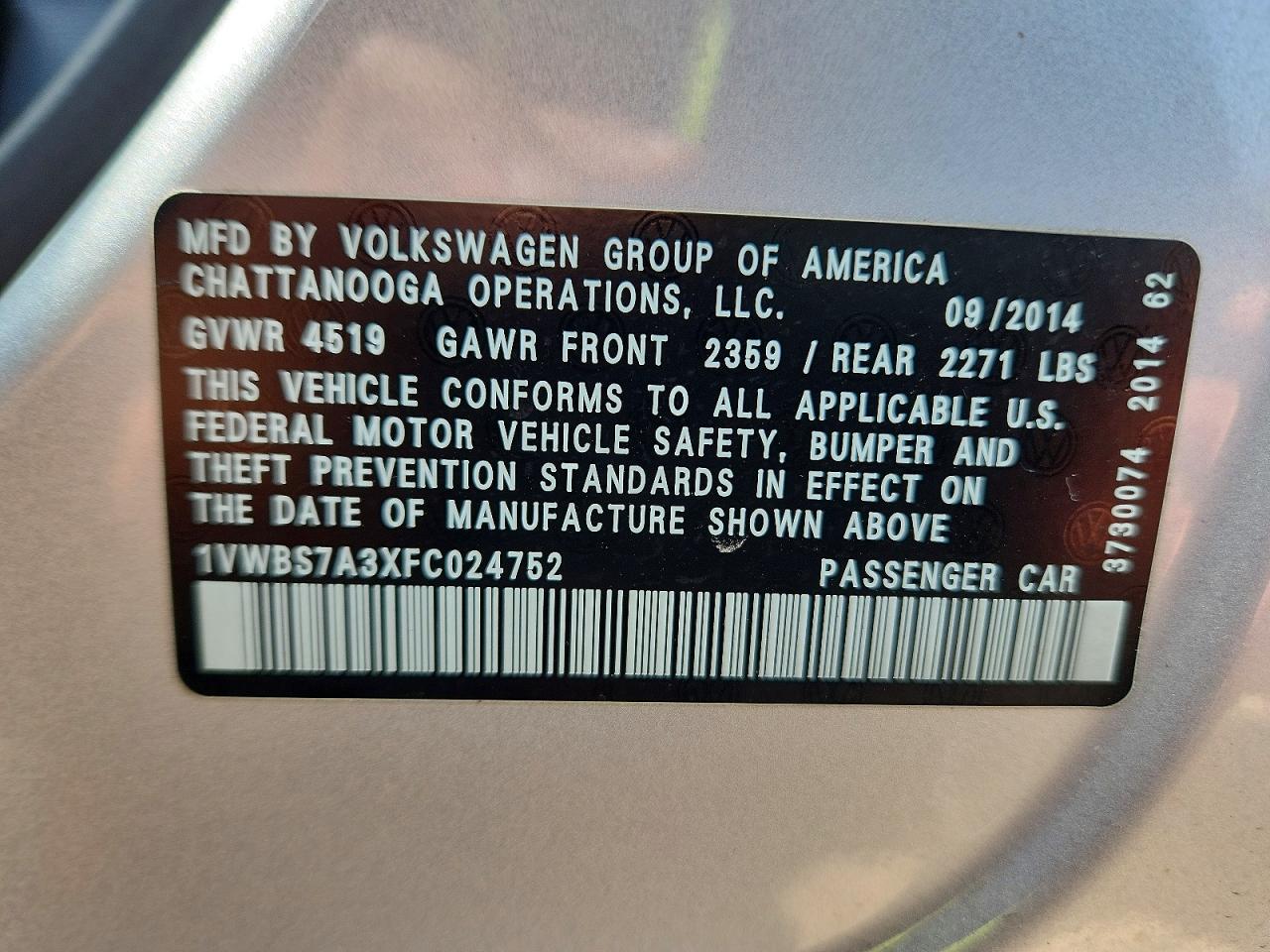 2015 Volkswagen Passat Se Silver vin: 1VWBS7A3XFC024752