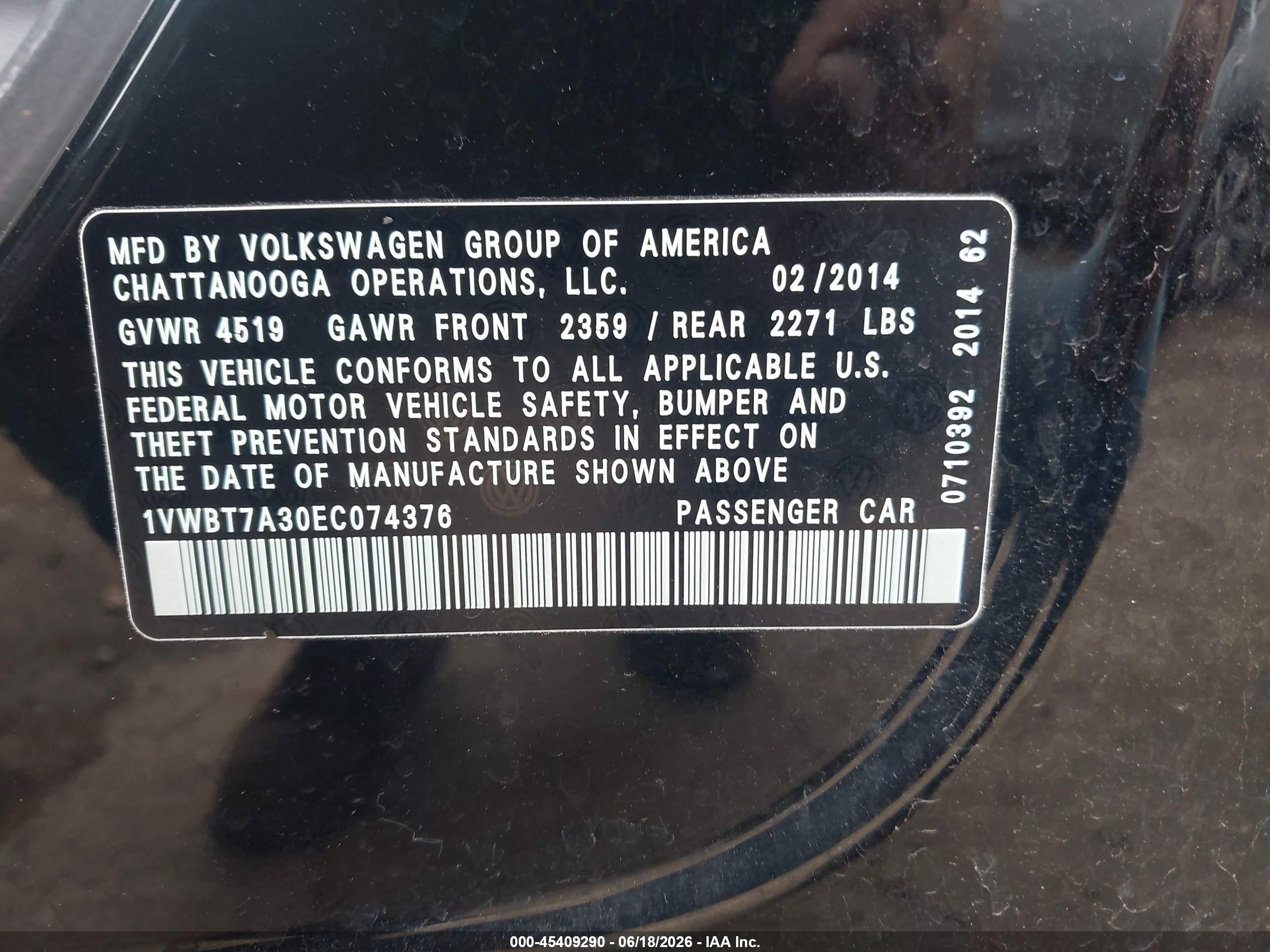 2014 Volkswagen Passat 1.8t Se Black vin: 1VWBT7A30EC074376