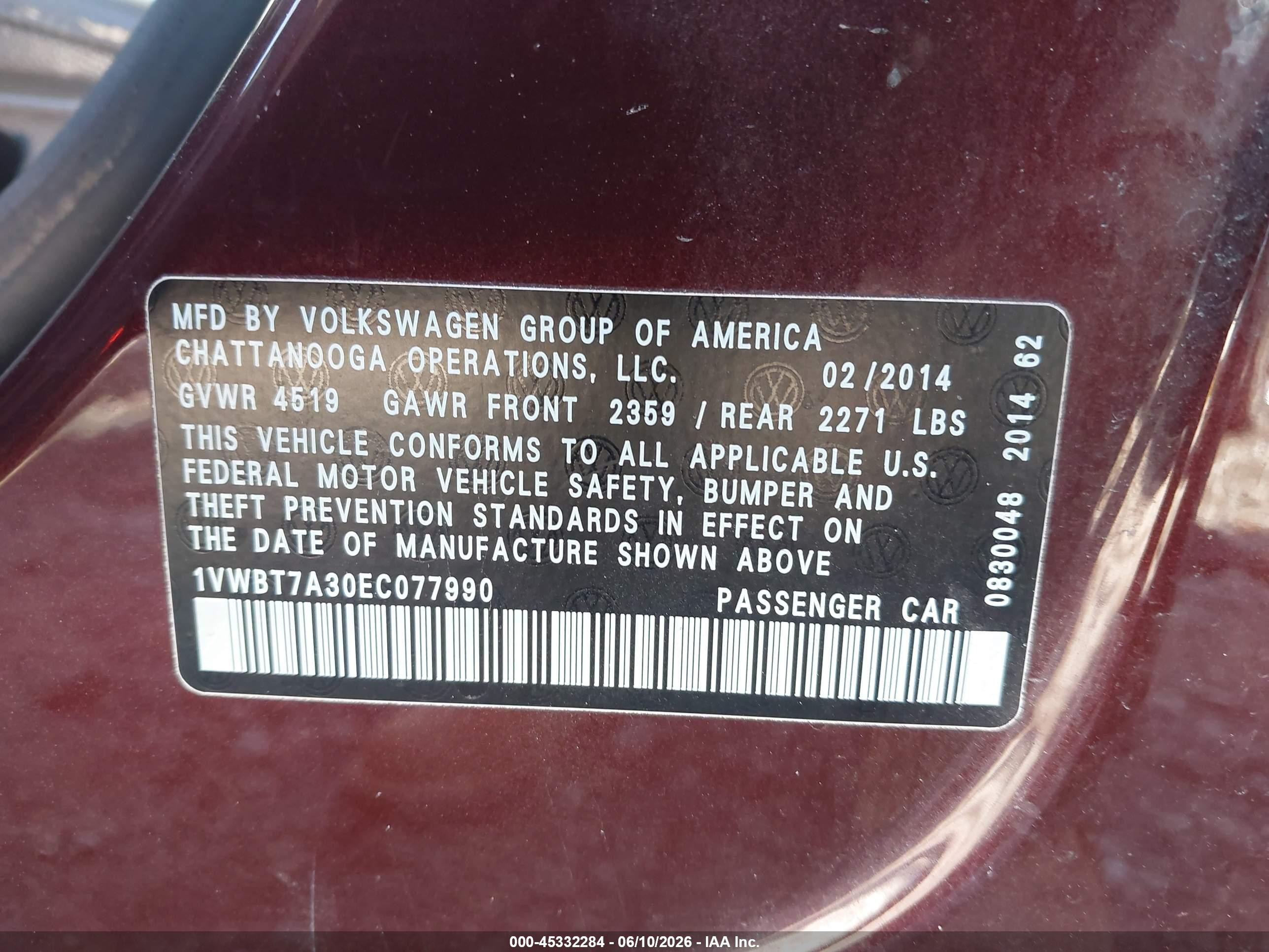 2014 Volkswagen Passat 1.8t Se Burgundy vin: 1VWBT7A30EC077990