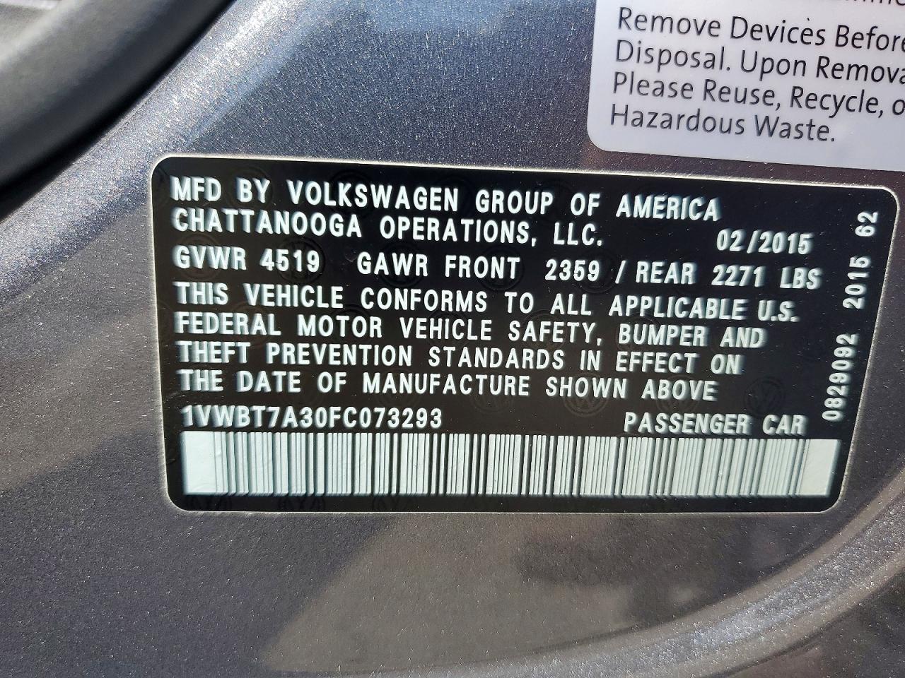 2015 Volkswagen Passat Se Gray vin: 1VWBT7A30FC073293