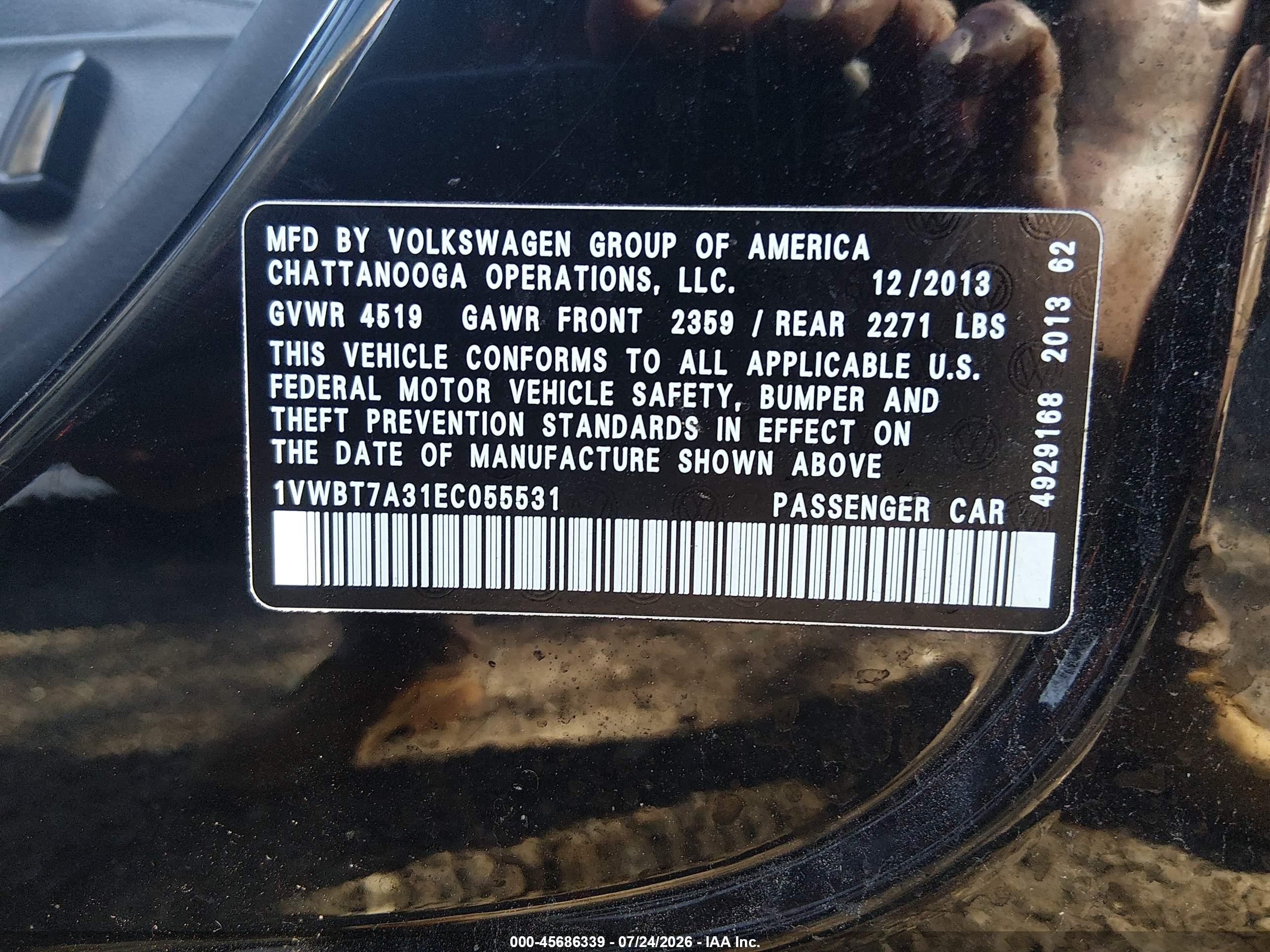 2014 Volkswagen Passat 1.8t Se Black vin: 1VWBT7A31EC055531