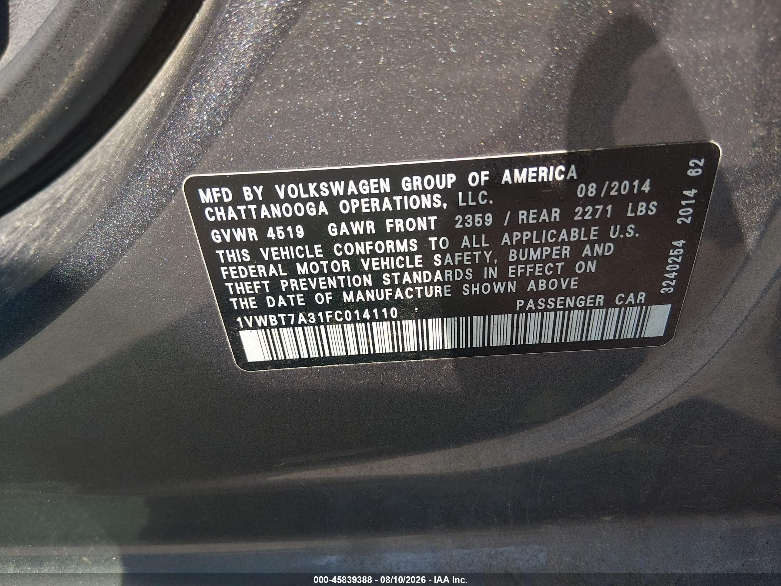 2015 Volkswagen Passat 1.8t Se Gray vin: 1VWBT7A31FC014110