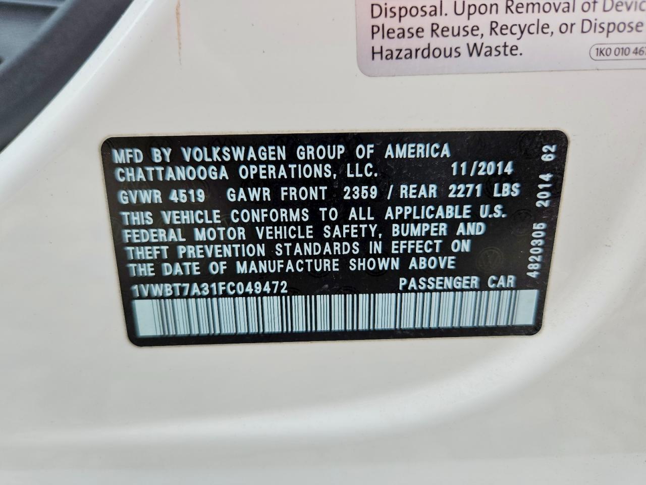 2015 Volkswagen Passat Белый vin: 1VWBT7A31FC049472