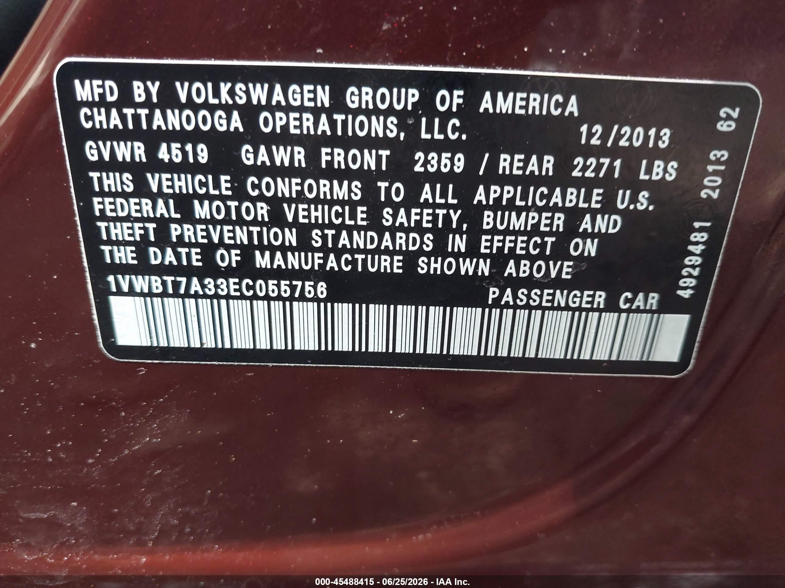 2014 Volkswagen Passat 1.8t Se Maroon vin: 1VWBT7A33EC055756