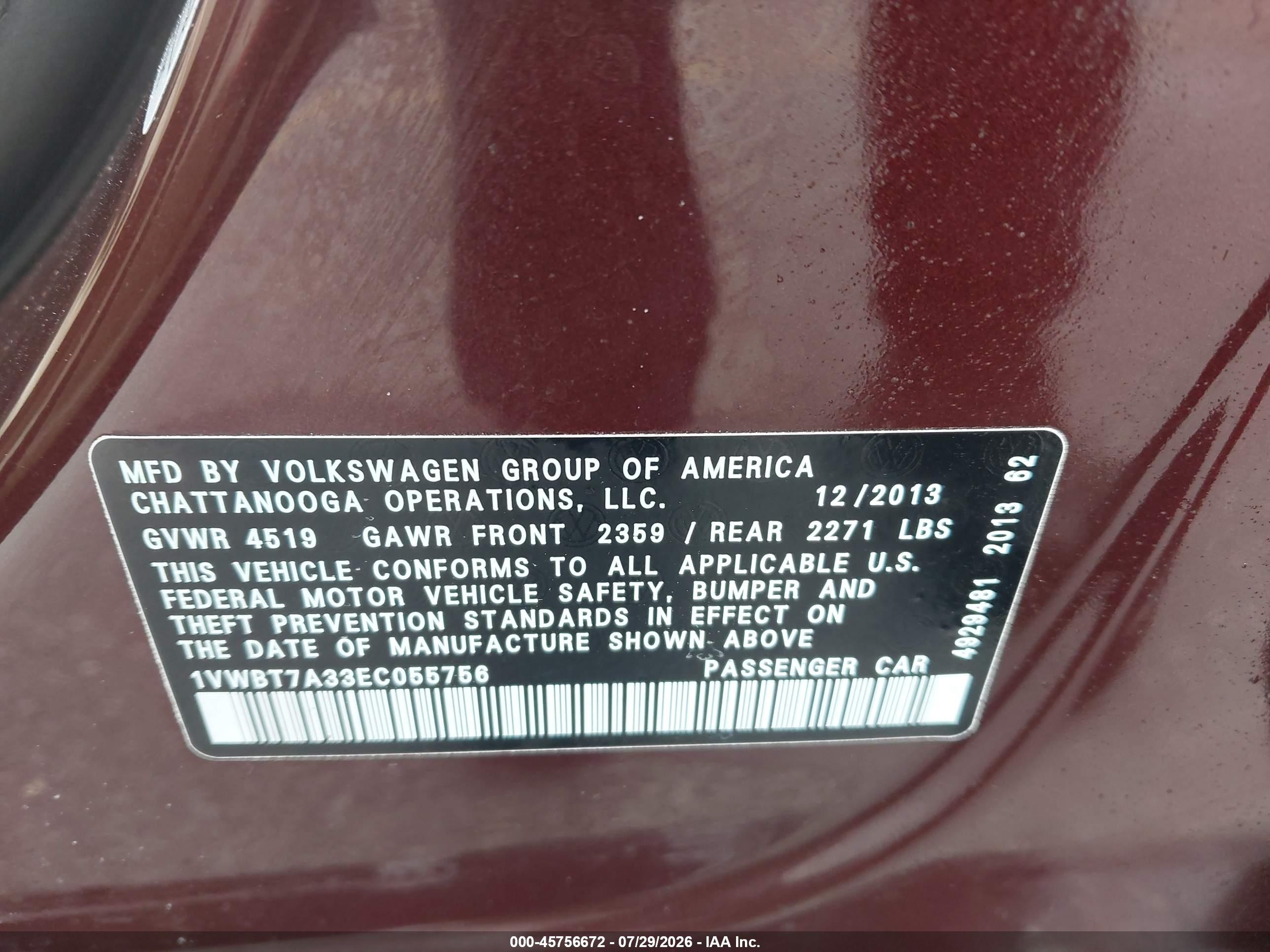 2014 Volkswagen Passat 1.8t Se Burgundy vin: 1VWBT7A33EC055756