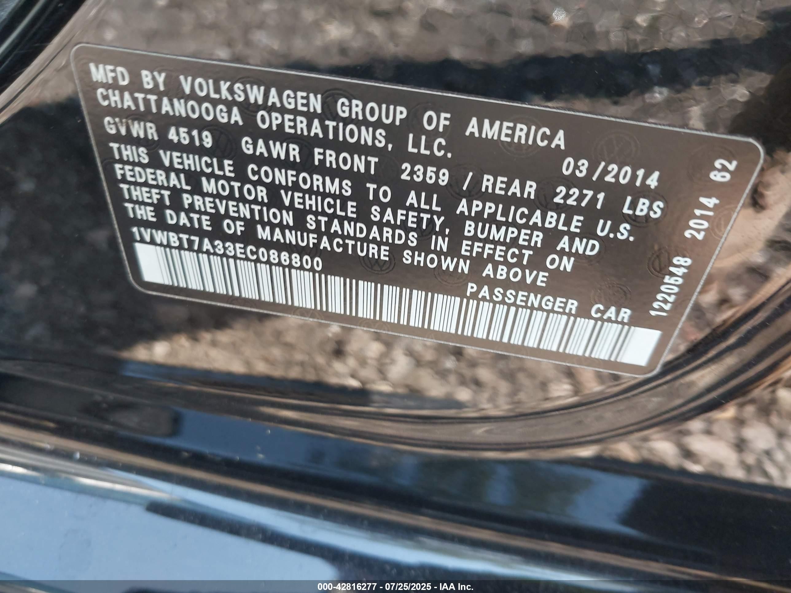 2014 Volkswagen Passat 1.8t Se Black vin: 1VWBT7A33EC086800