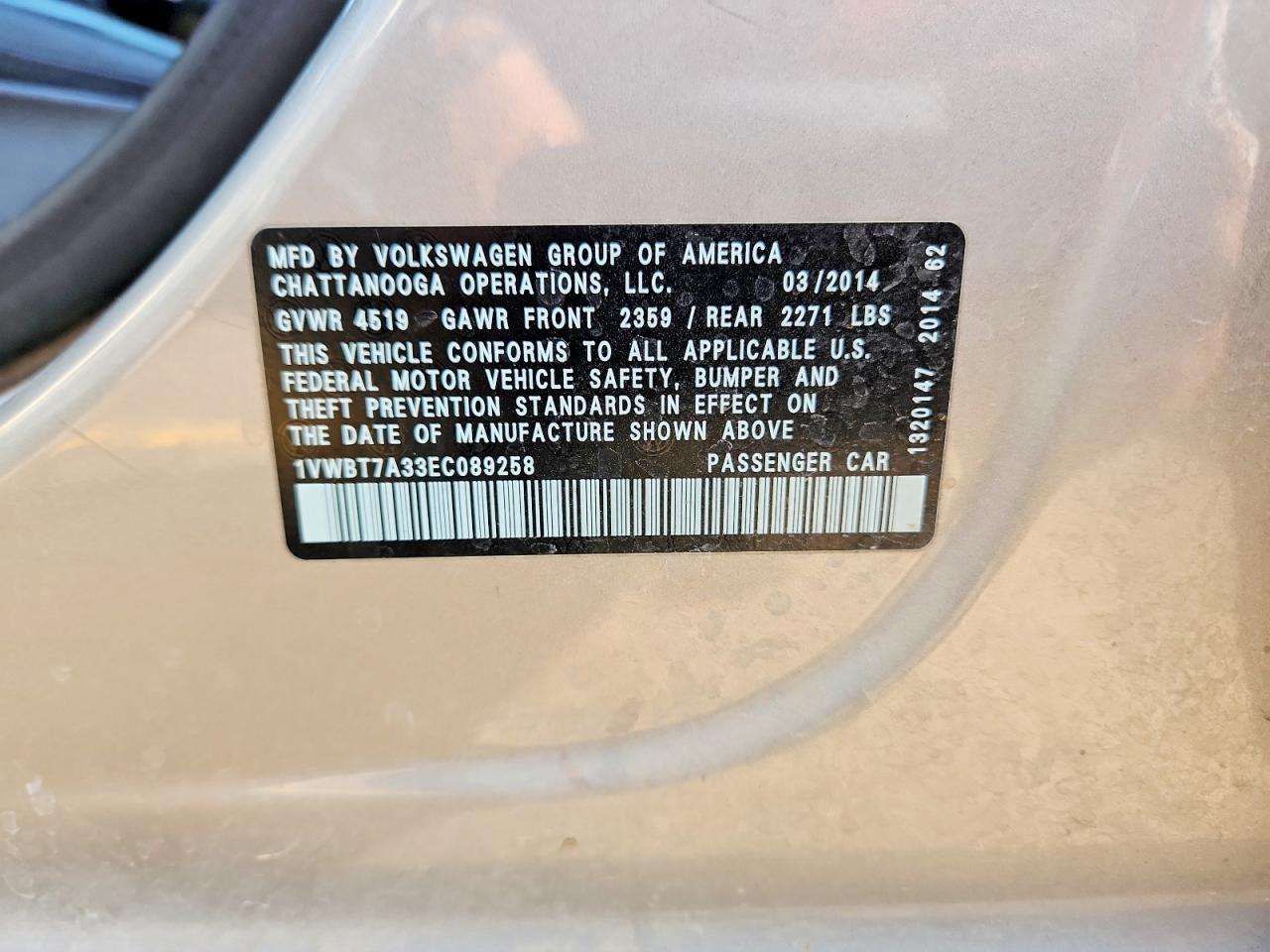 2014 Volkswagen Passat Se Gold vin: 1VWBT7A33EC089258