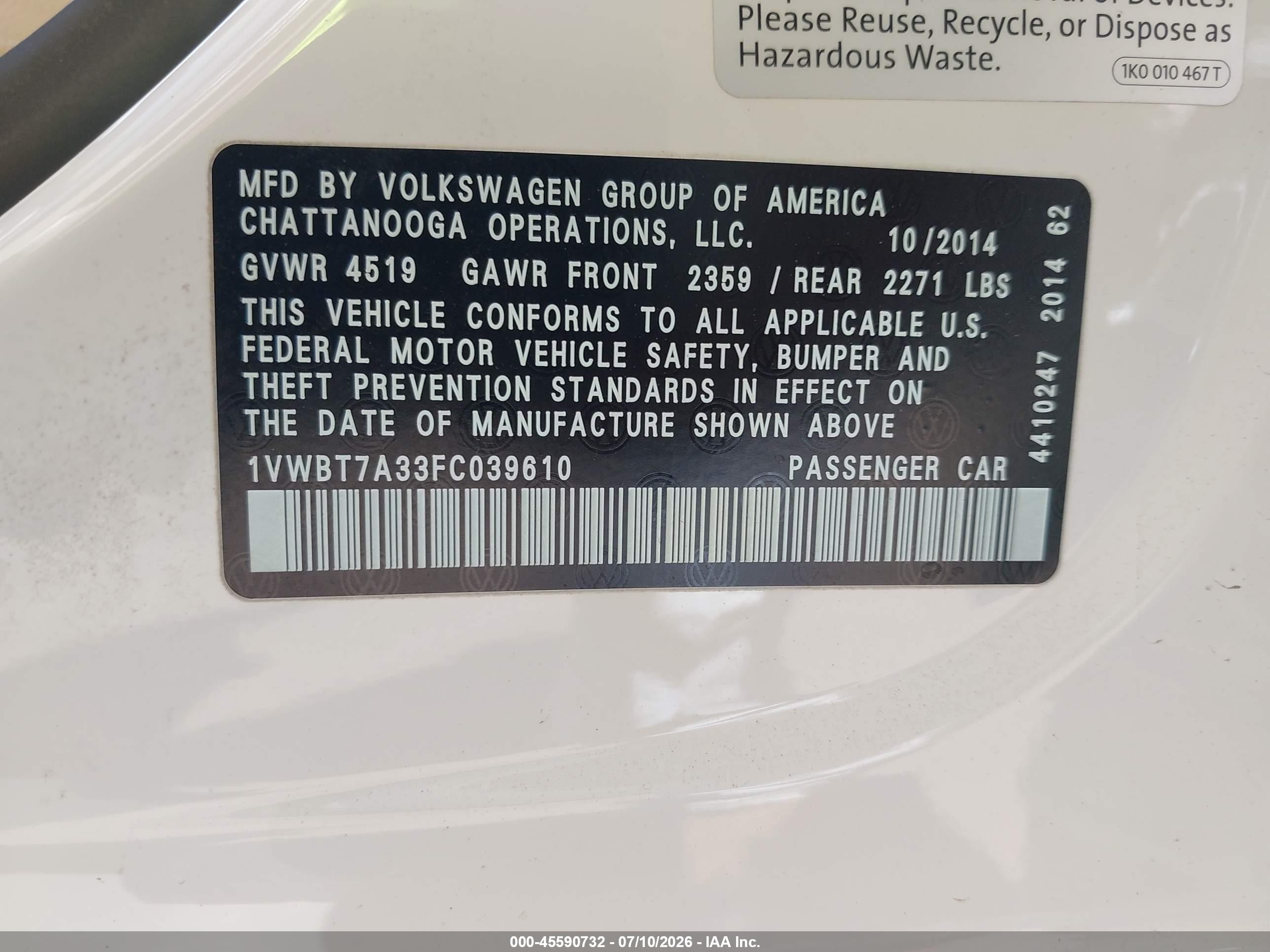 2015 Volkswagen Passat 1.8t Se White vin: 1VWBT7A33FC039610