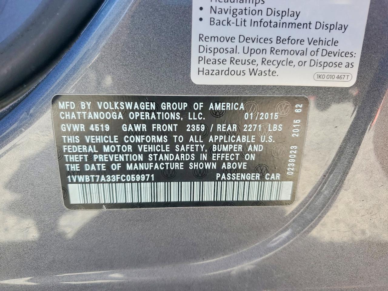 2015 Volkswagen Passat Se Gray vin: 1VWBT7A33FC059971