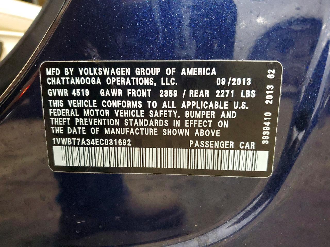 2014 Volkswagen Passat Se Blue vin: 1VWBT7A34EC031692