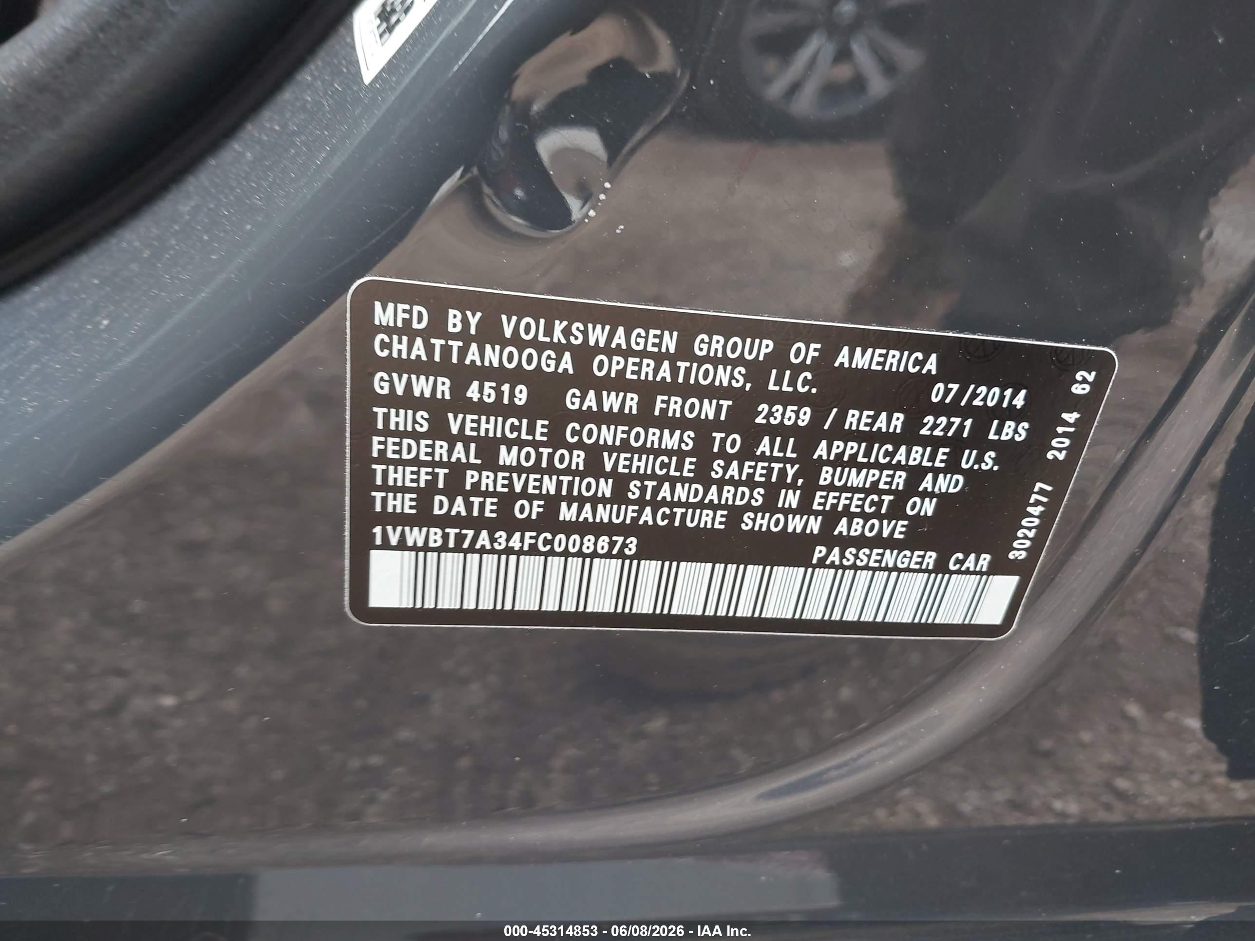 2015 Volkswagen Passat 1.8t Sport Серый vin: 1VWBT7A34FC008673