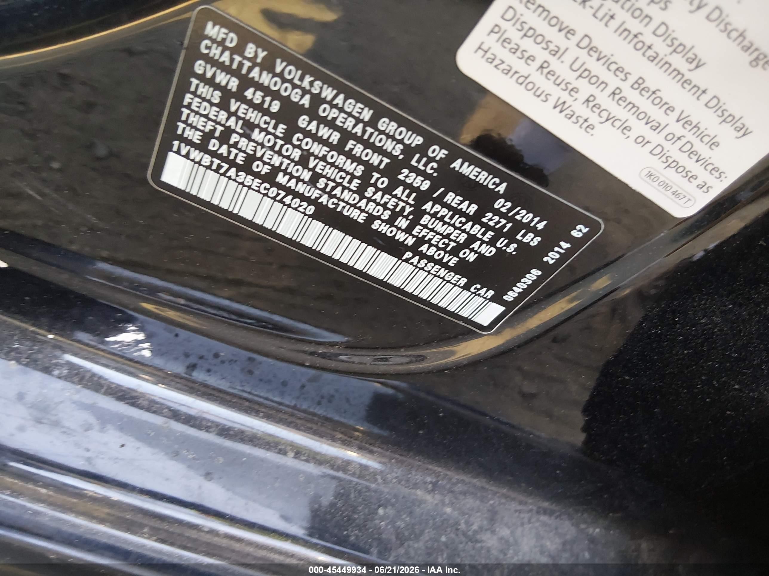 2014 Volkswagen Passat 1.8t Se Black vin: 1VWBT7A35EC074020