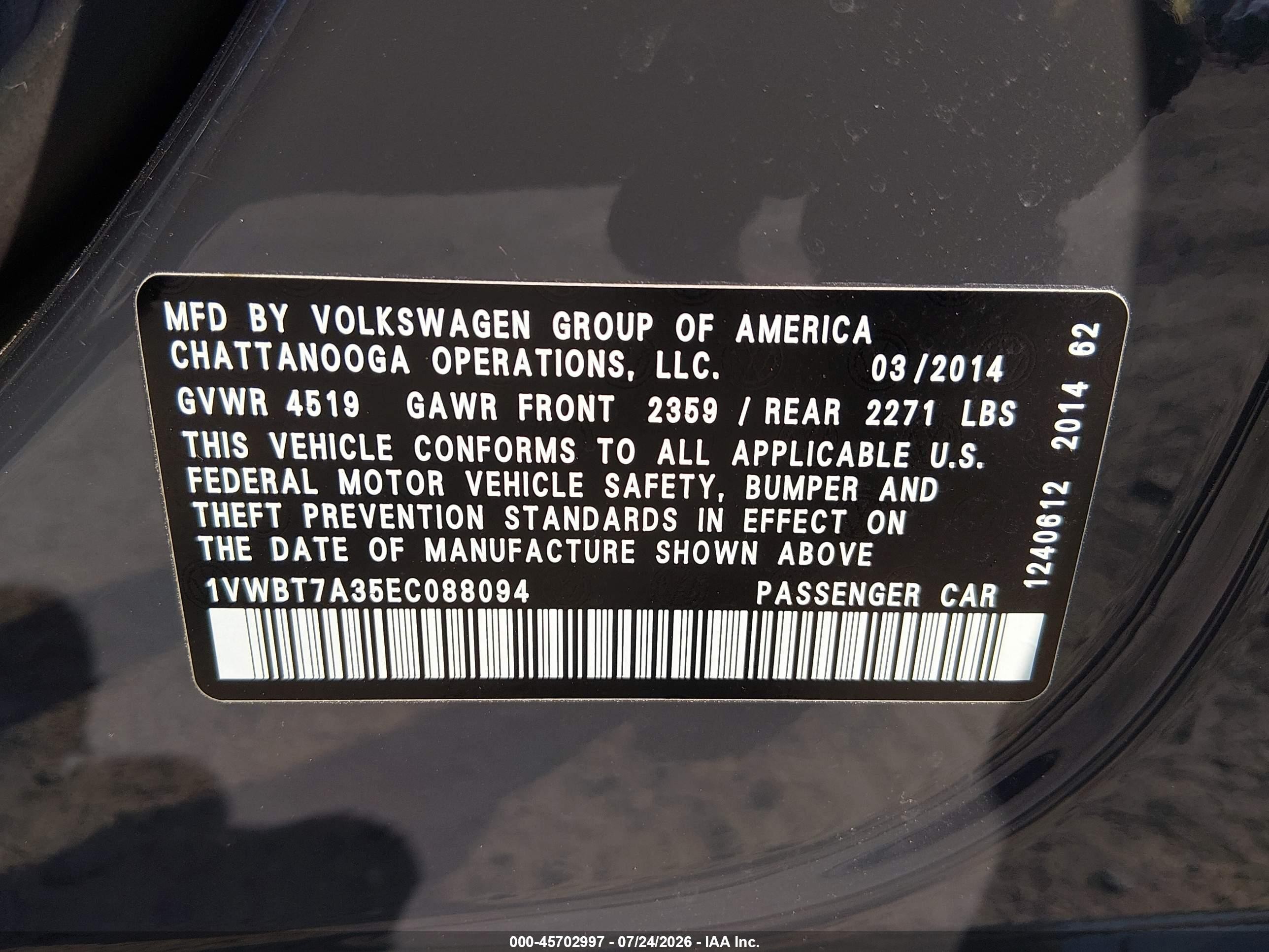 2014 Volkswagen Passat 1.8t Sport Gray vin: 1VWBT7A35EC088094