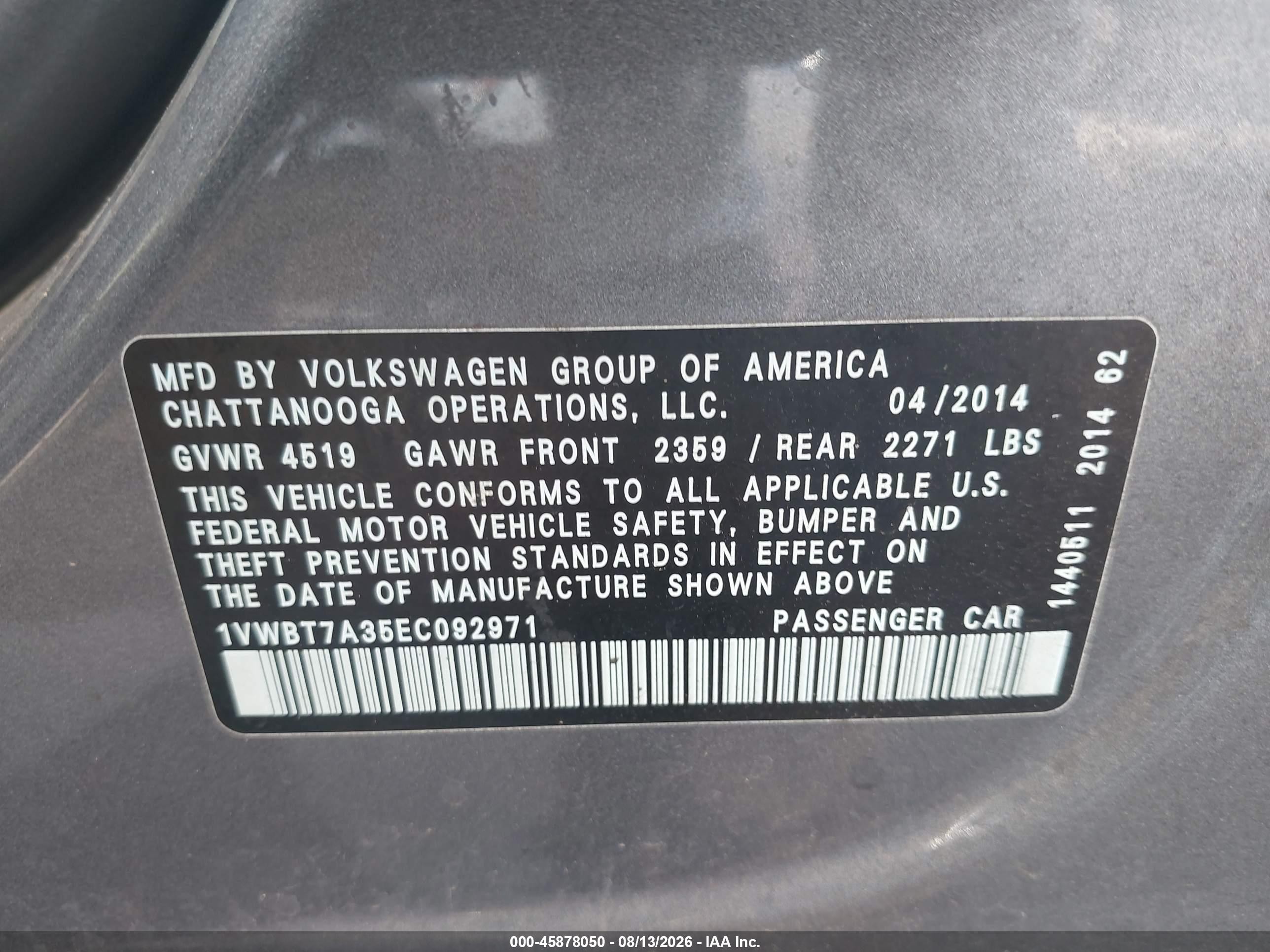 2014 Volkswagen Passat 1.8t Se Gray vin: 1VWBT7A35EC092971